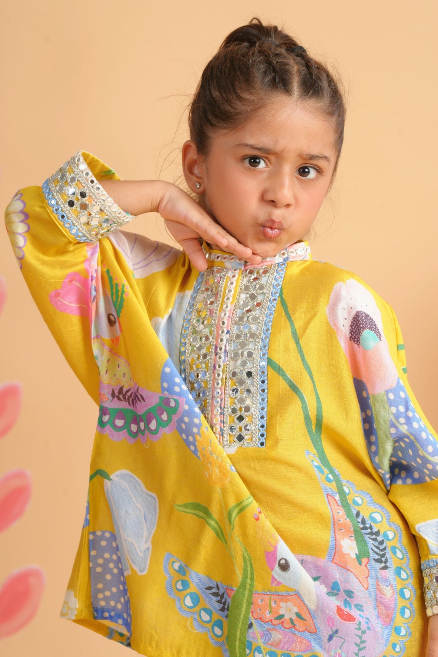 Yellow Bloom Embellished Girls Tunic With Pants (Set Of 2)