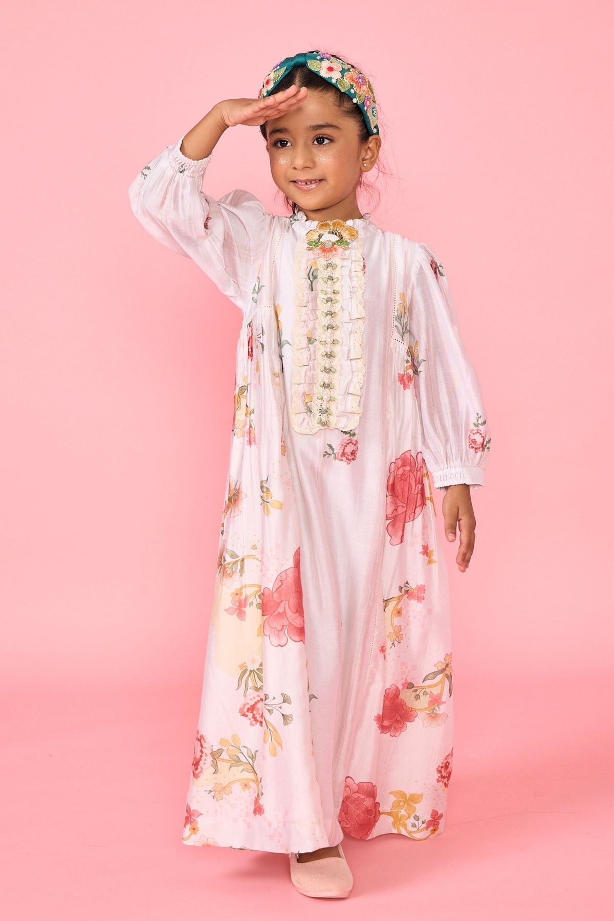White Makrana Embellished Ruffle Collar Girls Long Dress