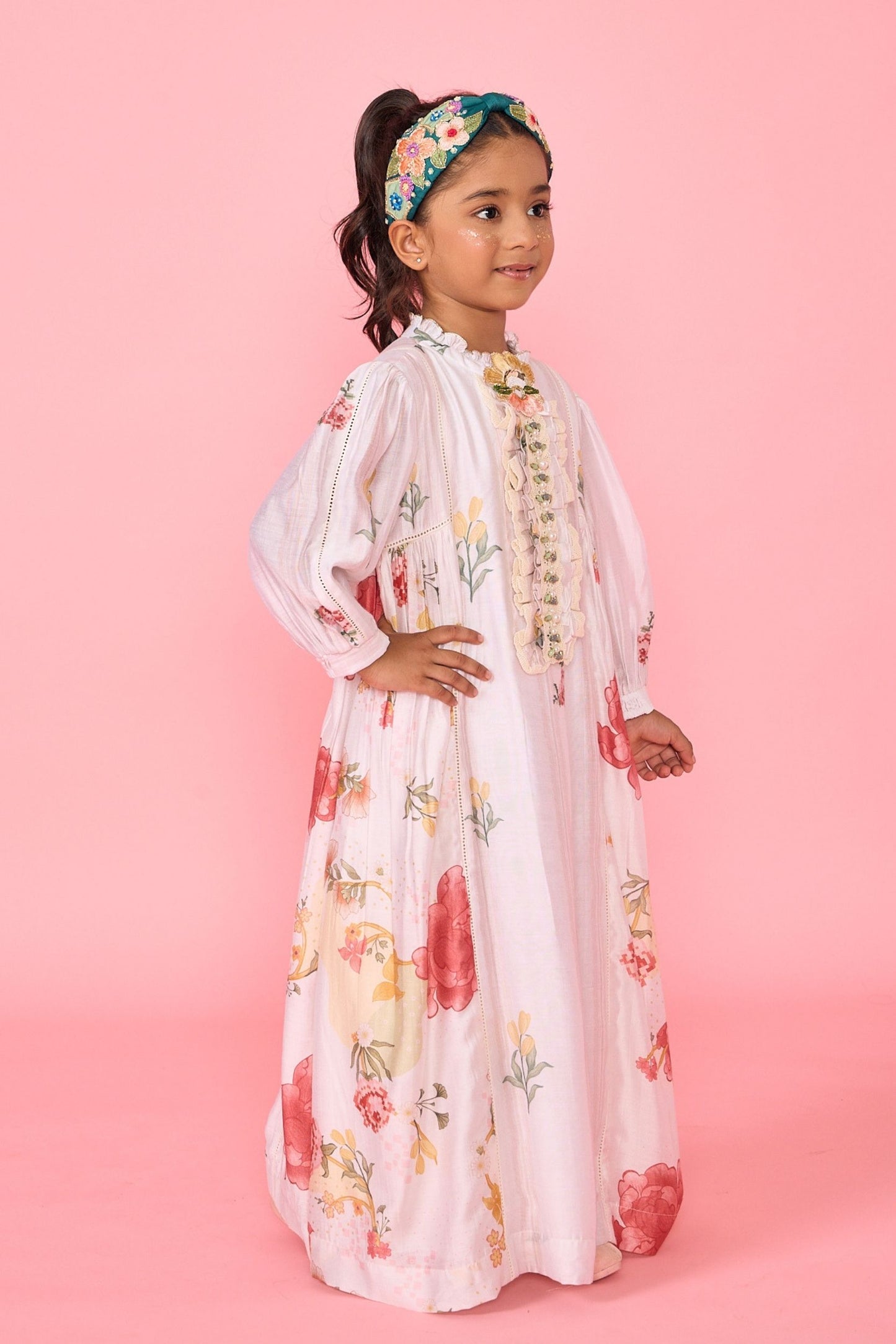 White Makrana Embellished Ruffle Collar Girls Long Dress