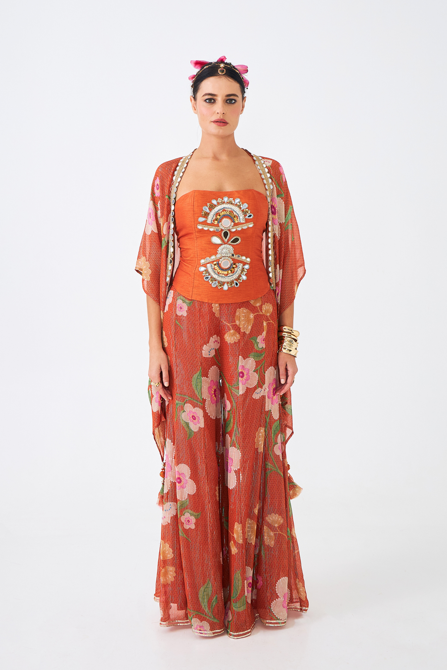 Riva Ladies Embellished Corset With Flared Trousers & Cape (Set of 3 Pcs)