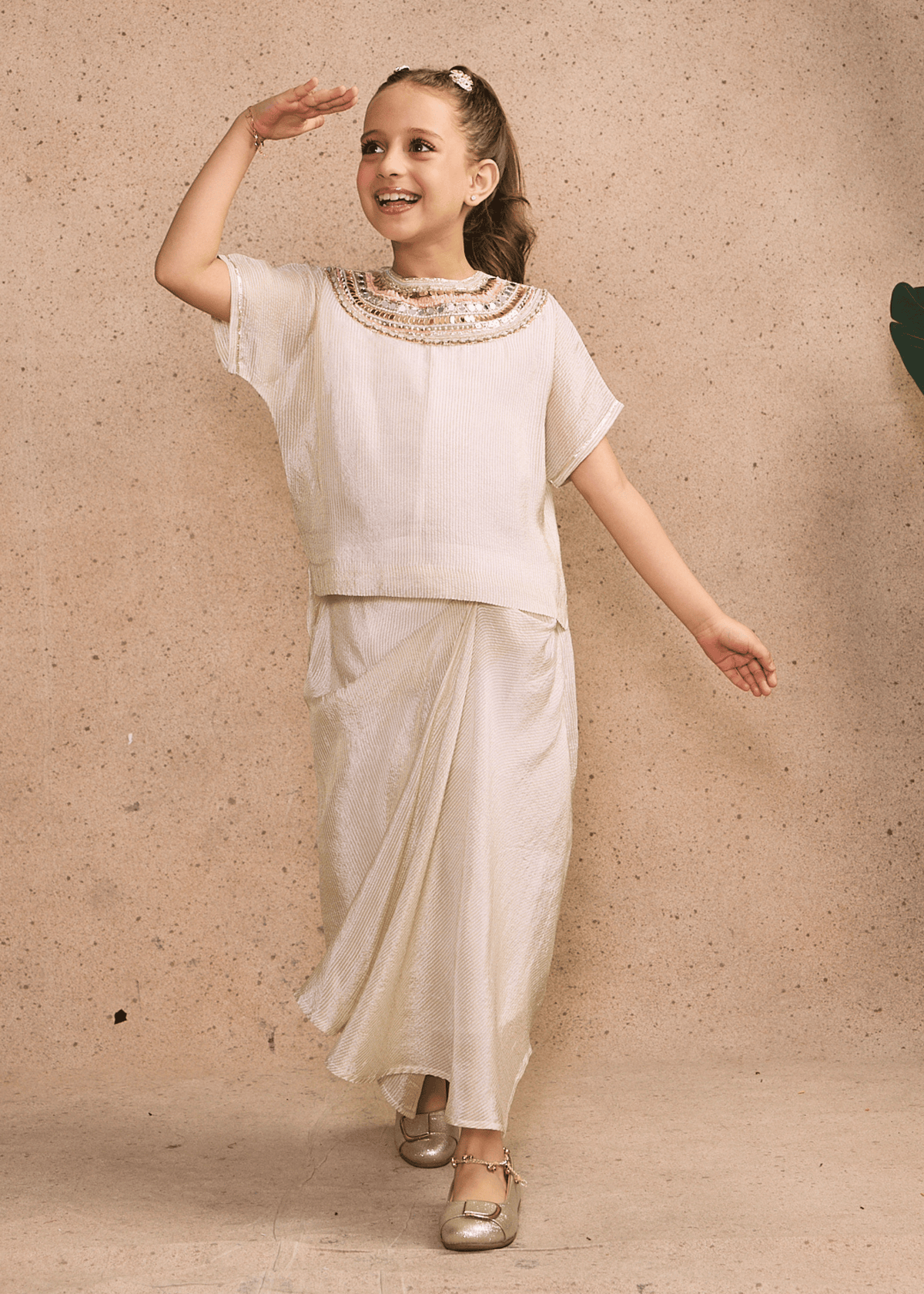 Ivory Girls Embellished High-low Top & Draped Skirt