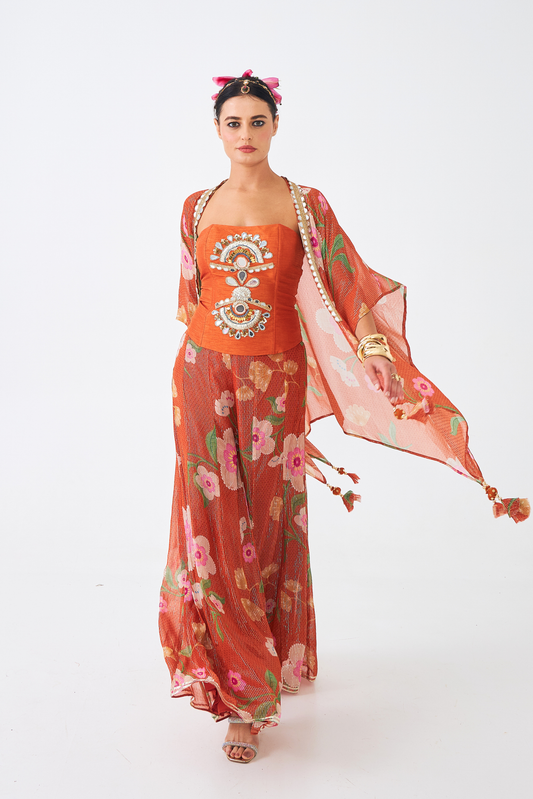 Riva Ladies Embellished Corset With Flared Trousers & Cape (Set of 3 Pcs)