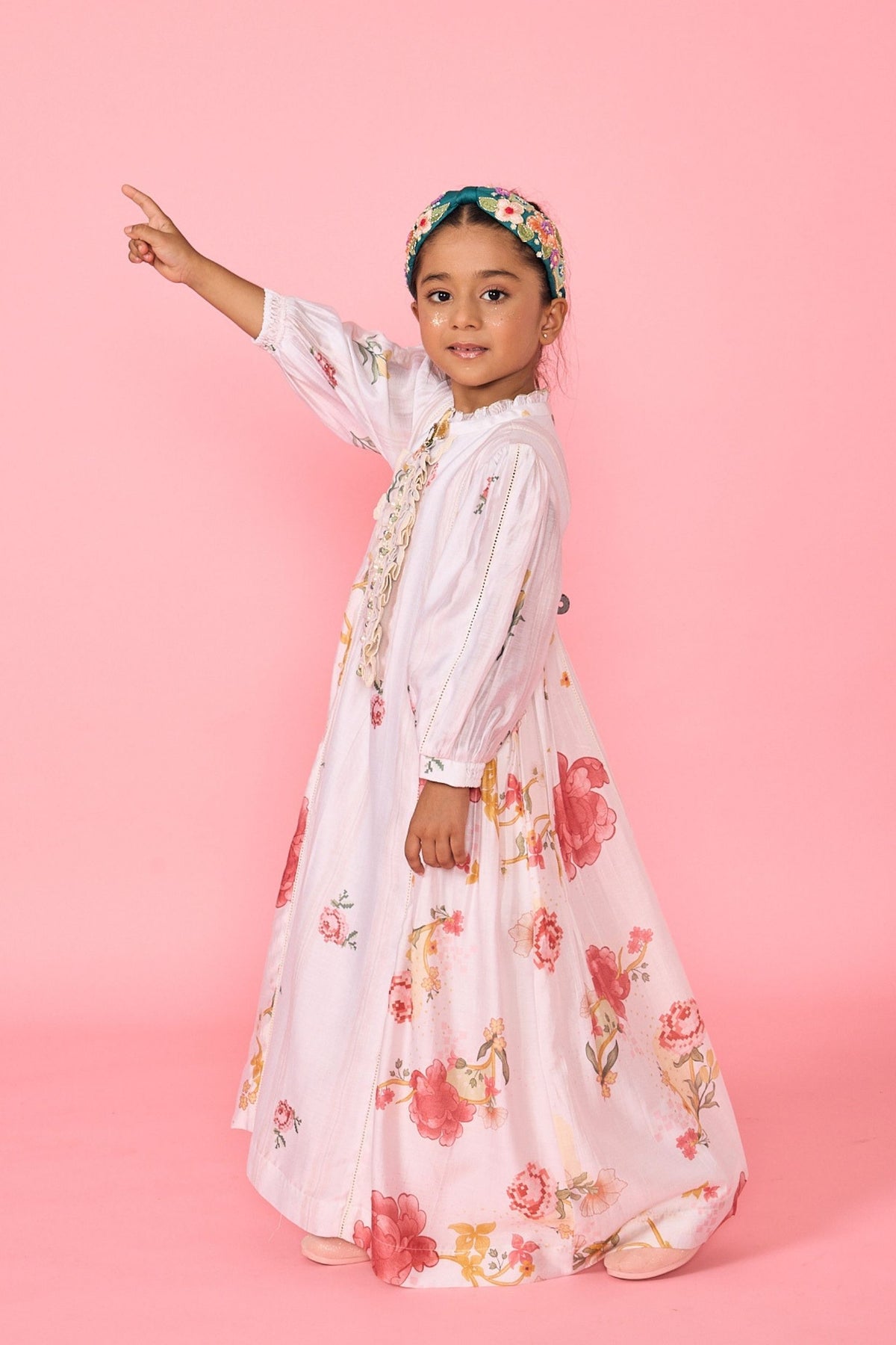White Makrana Embellished Ruffle Collar Girls Long Dress