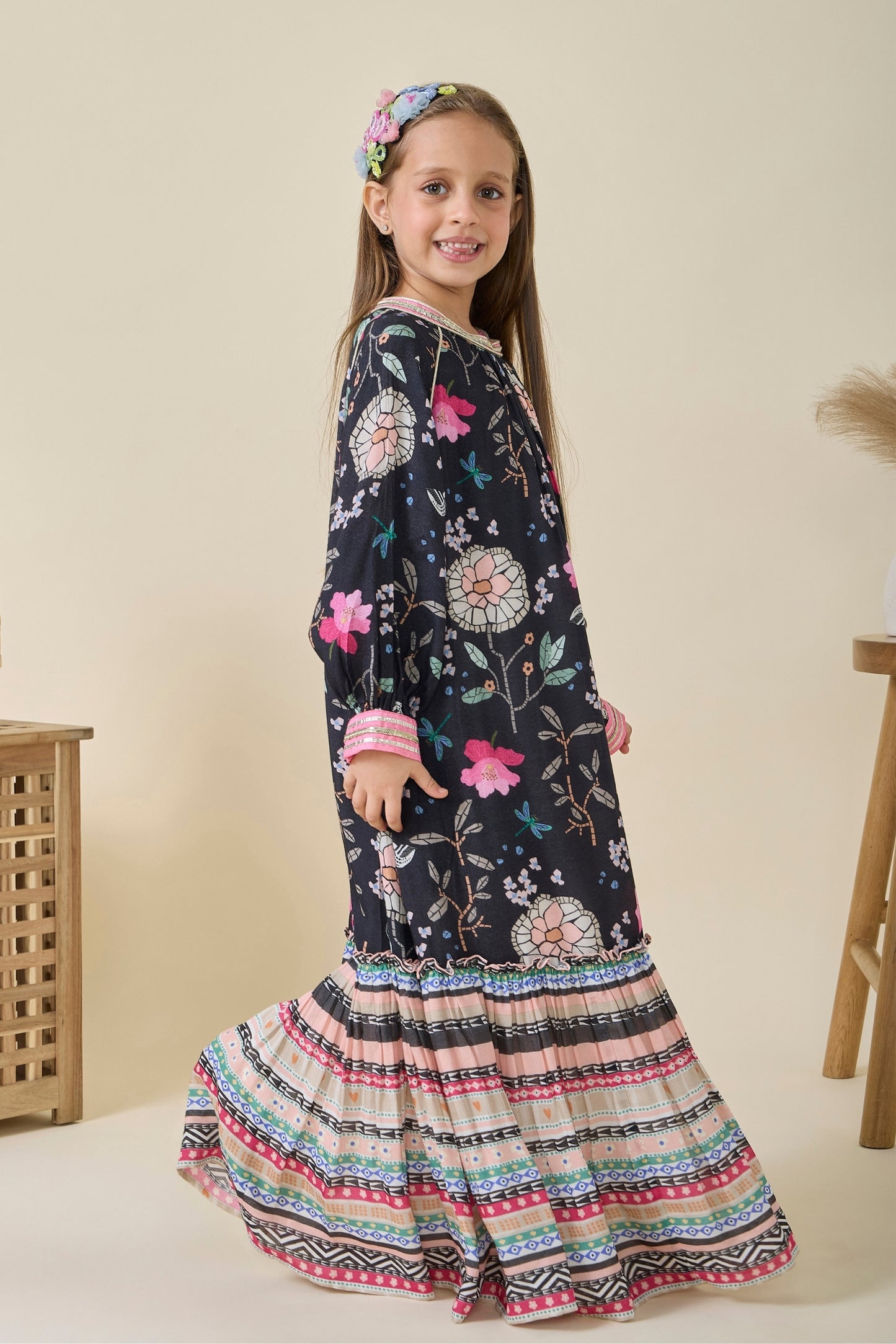 Fiona Printed Black Girls Long Dress