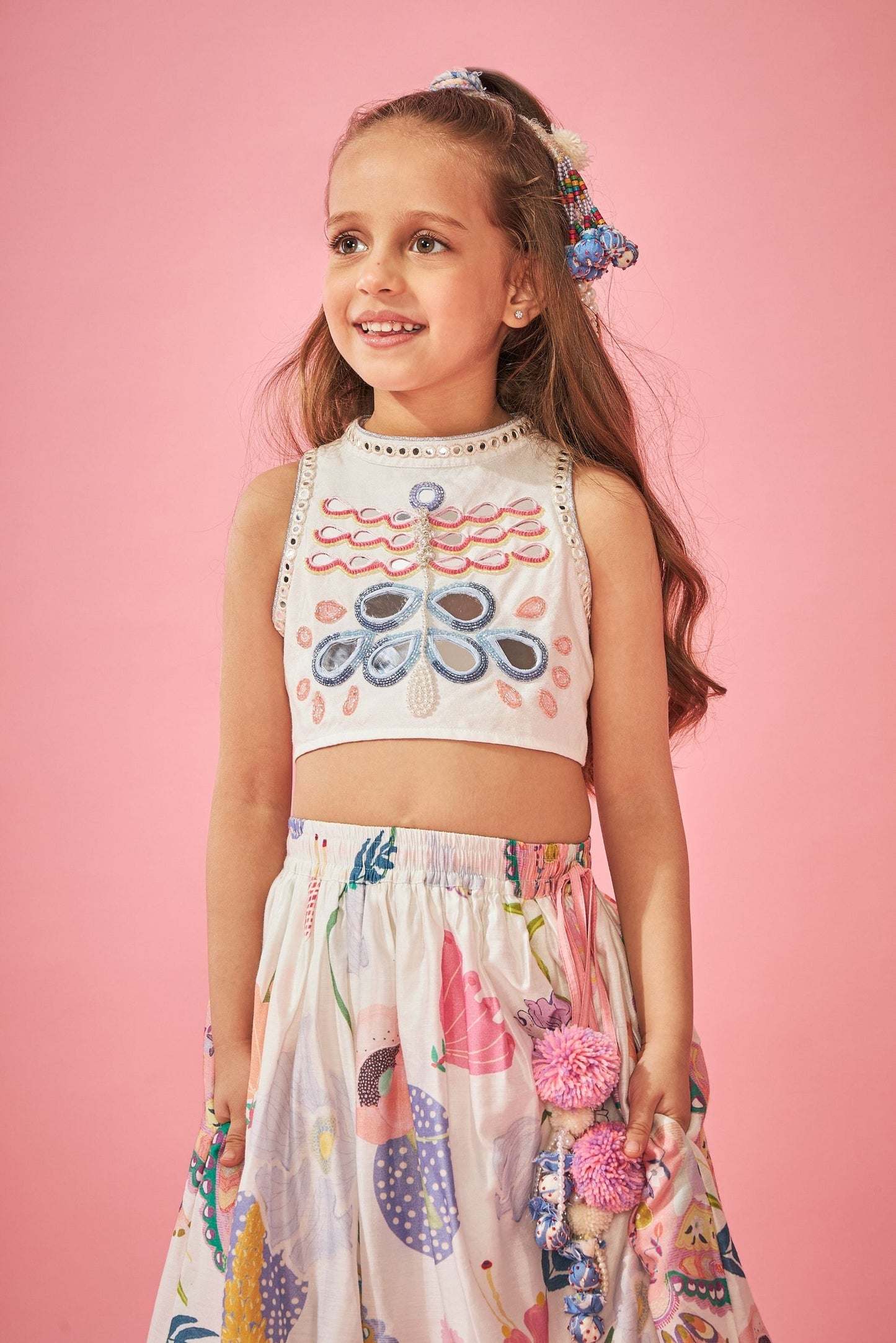 White Bloom Girls Skirt With Embellished Crop Top