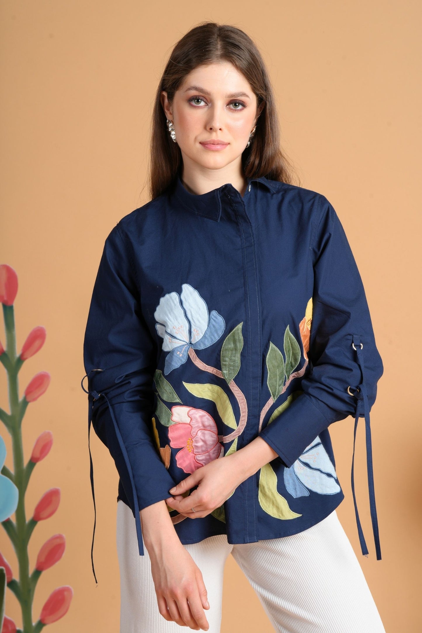 Navy Blue Patchwork Women'S Shirt