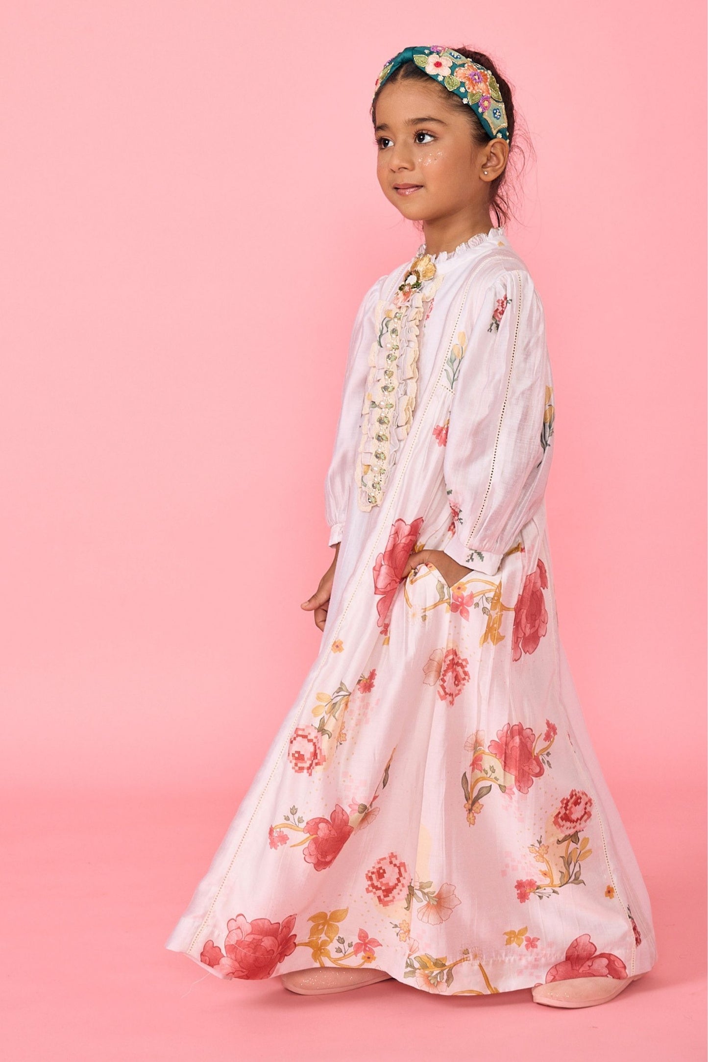 White Makrana Embellished Ruffle Collar Girls Long Dress