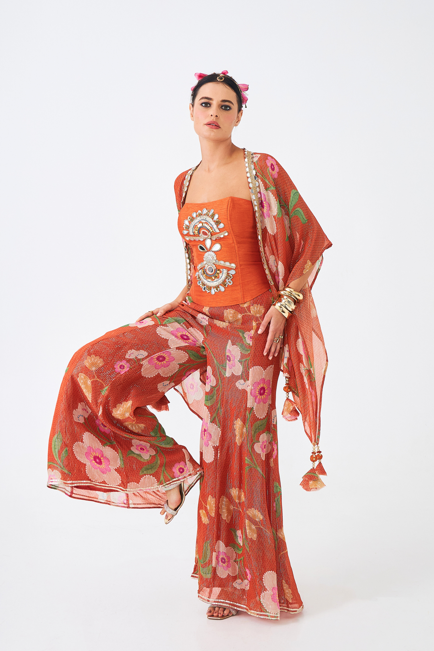 Riva Ladies Embellished Corset With Flared Trousers & Cape (Set of 3 Pcs)