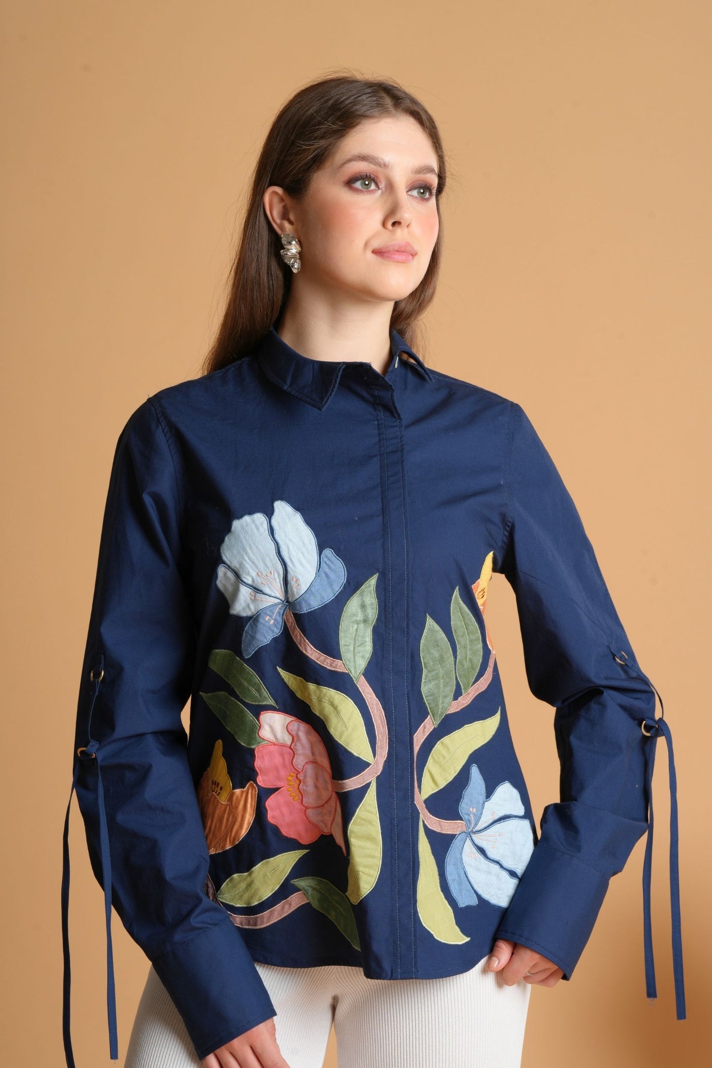 Navy Blue Patchwork Women'S Shirt
