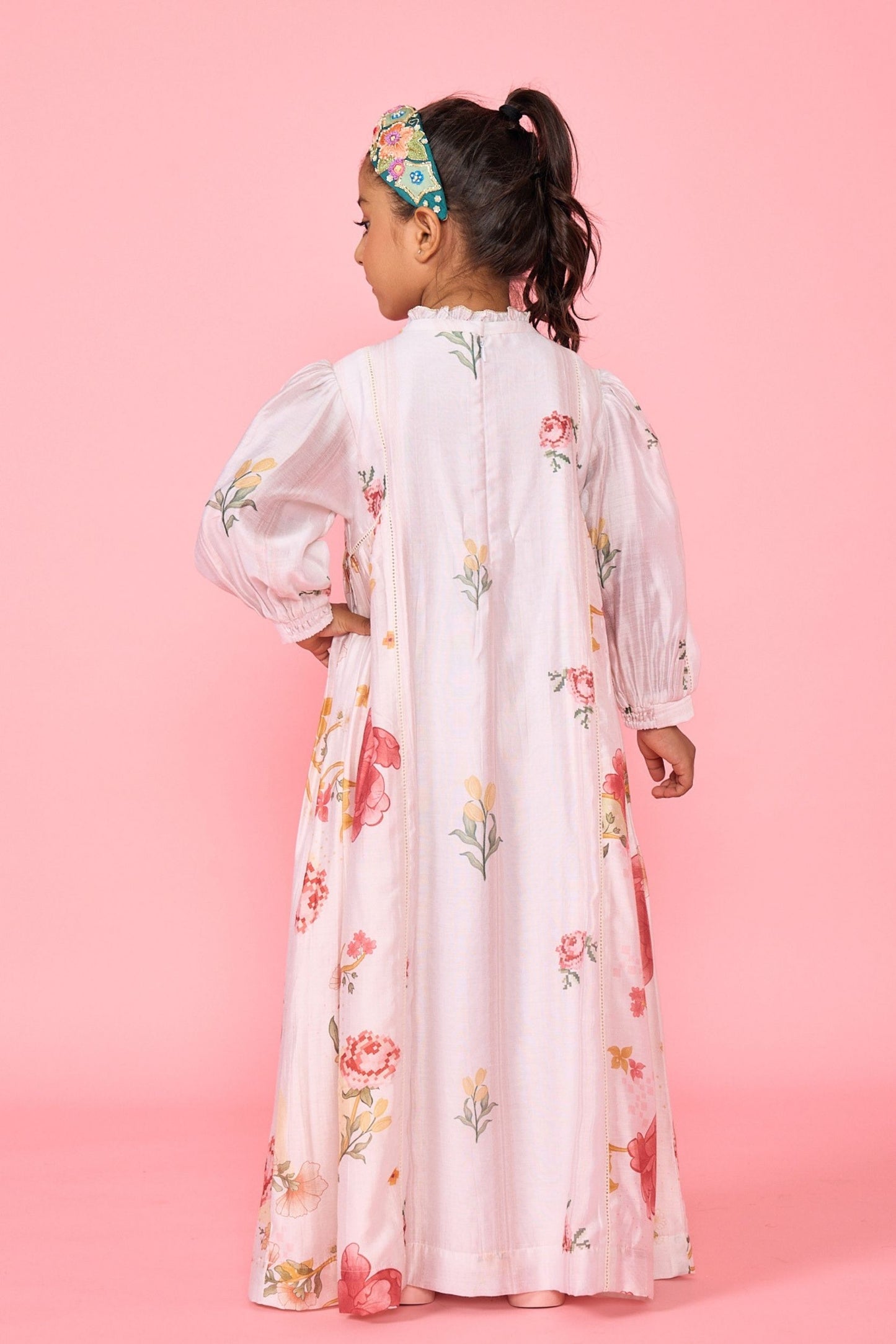 White Makrana Embellished Ruffle Collar Girls Long Dress