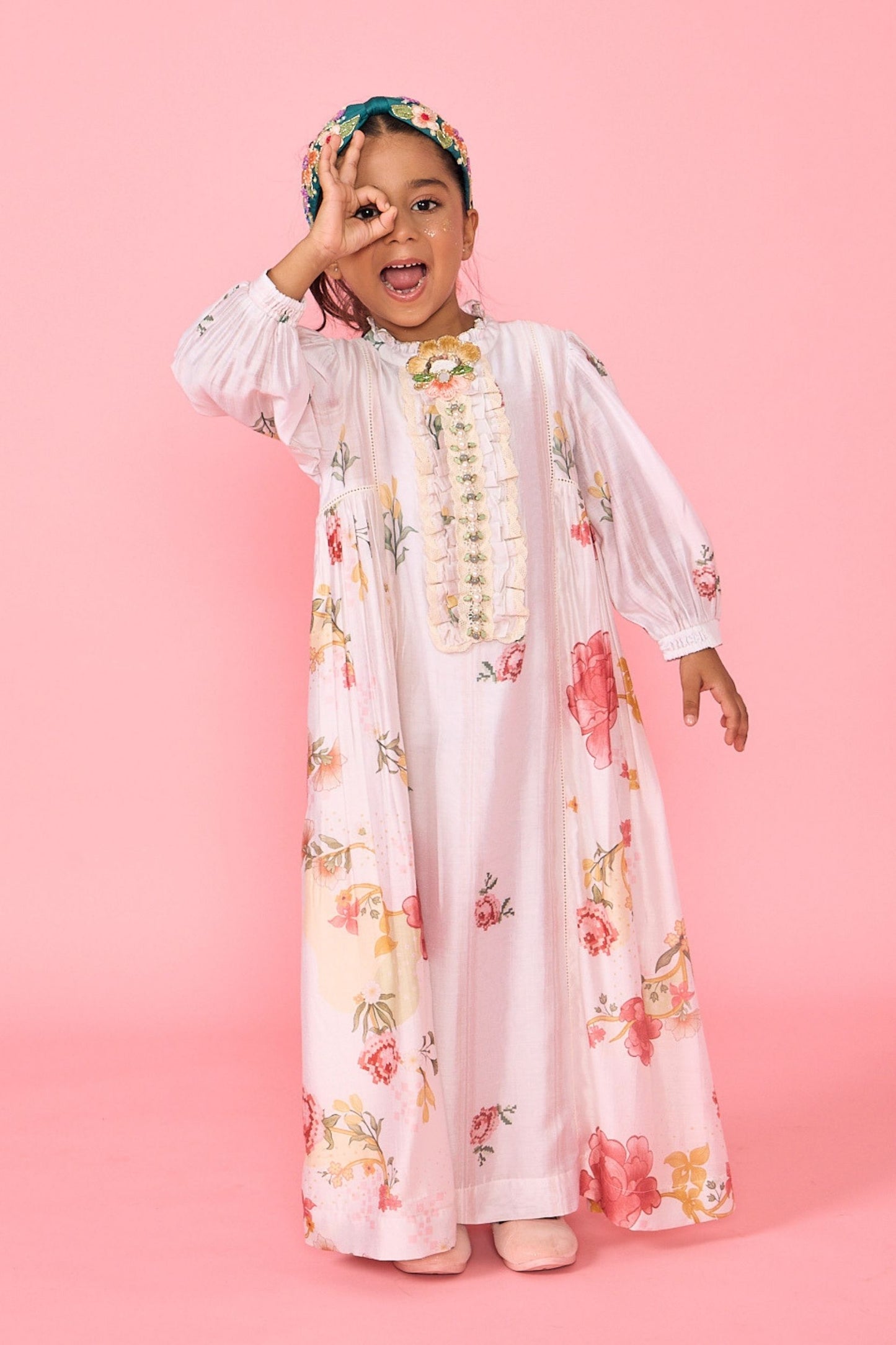 White Makrana Embellished Ruffle Collar Girls Long Dress