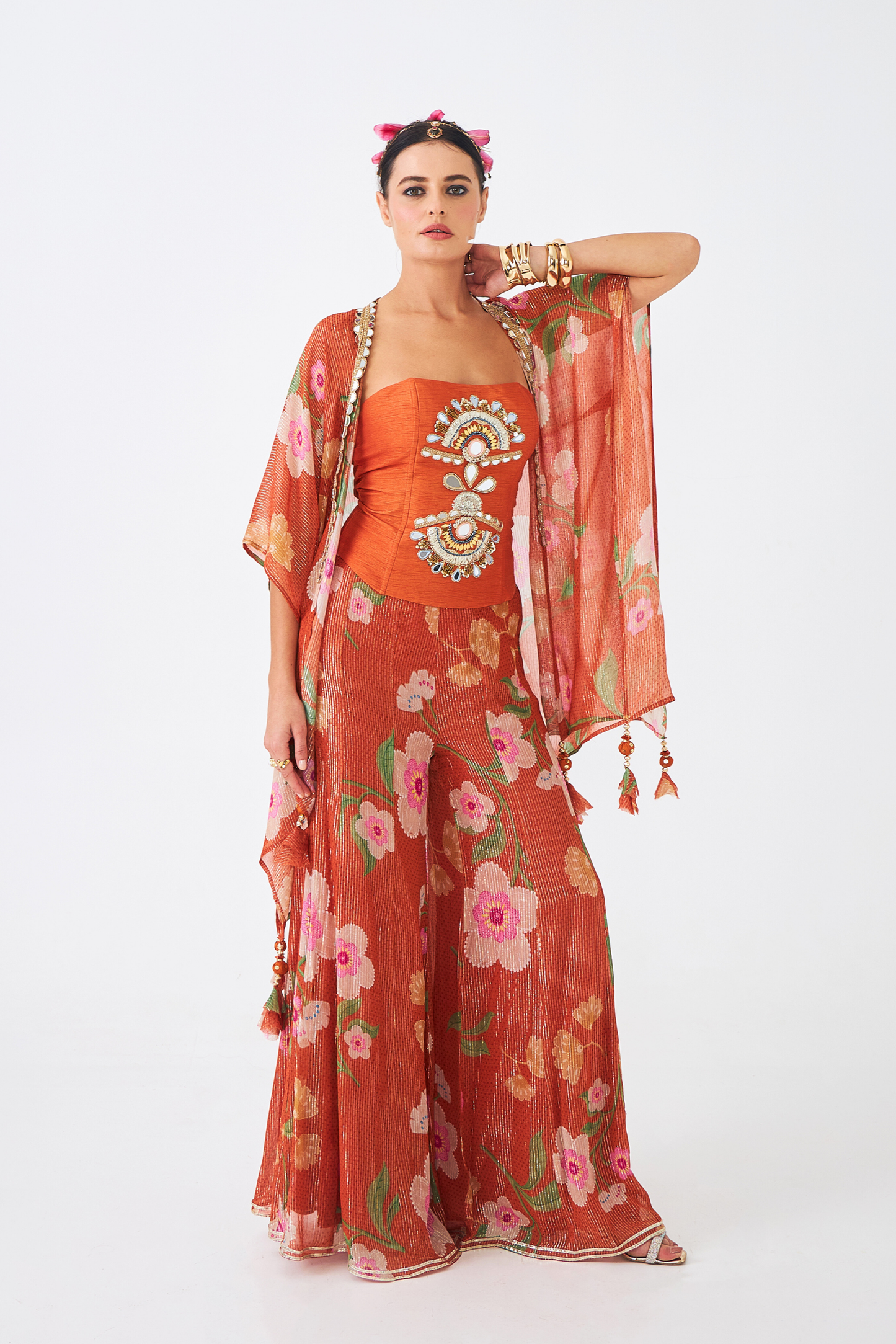 Riva Ladies Embellished Corset With Flared Trousers & Cape (Set of 3 Pcs)