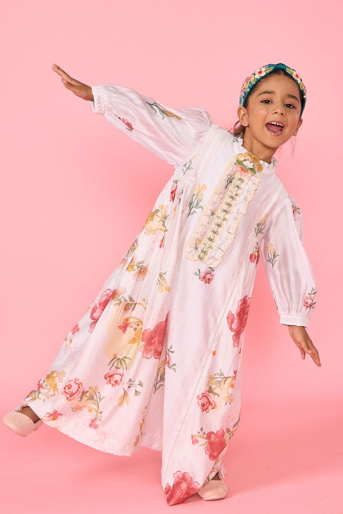 White Makrana Embellished Ruffle Collar Girls Long Dress