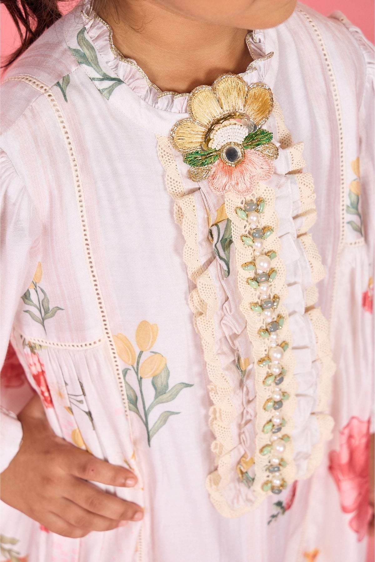 White Makrana Embellished Ruffle Collar Girls Long Dress