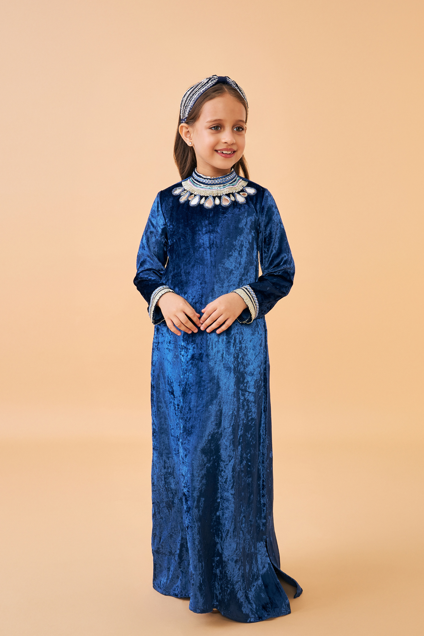 Sparrow Navy Girls Coat with Velvet Long Dress ( set of 2 pcs)