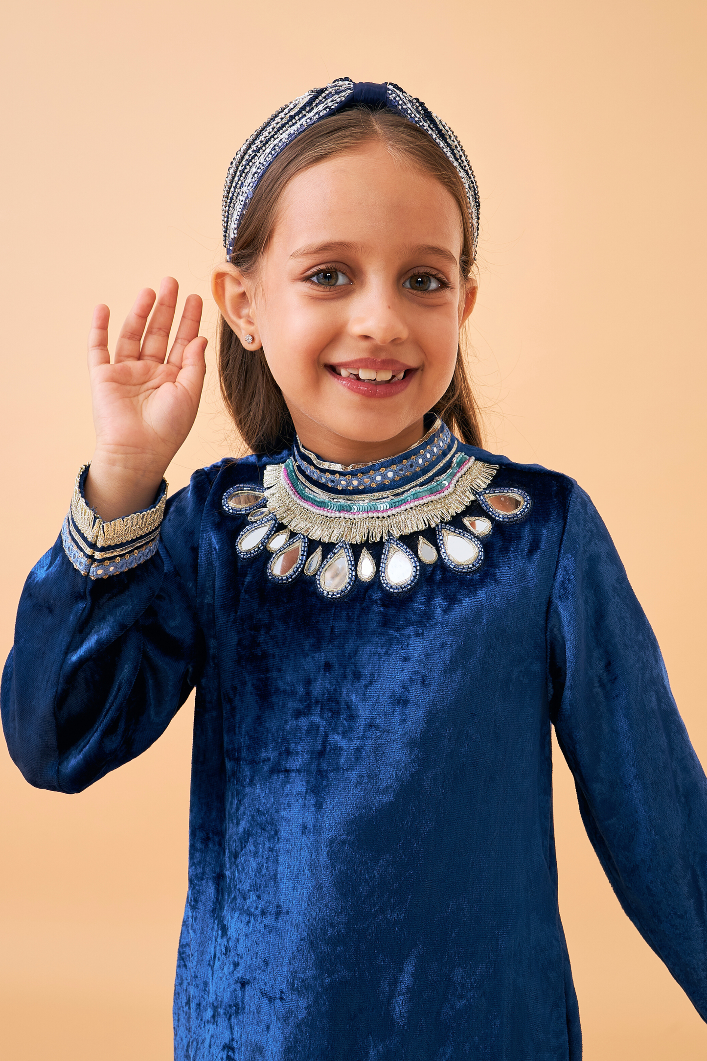 Sparrow Navy Girls Coat with Velvet Long Dress ( set of 2 pcs)