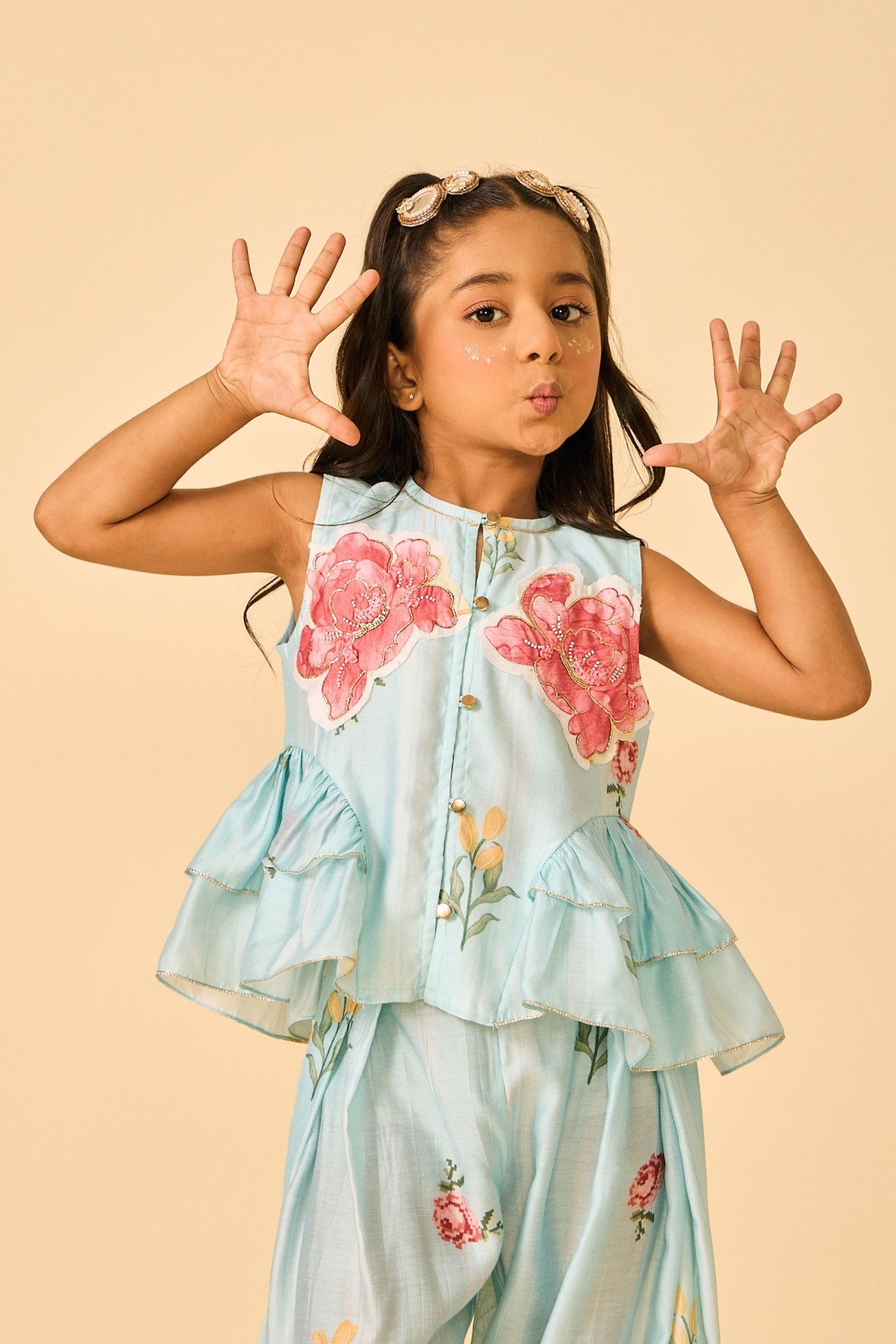 Blue Clay Embellished Girls Top & Trouser Coord ( 2 Pc Set)