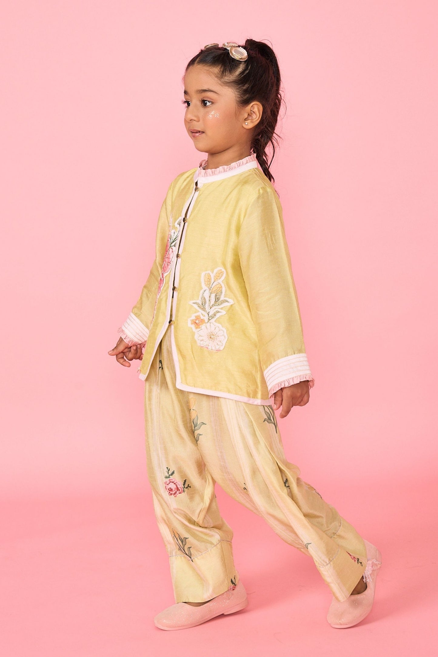 Yellow Slate Girls Embellished Jacket & Trouser Coord ( 2 Pc Set)