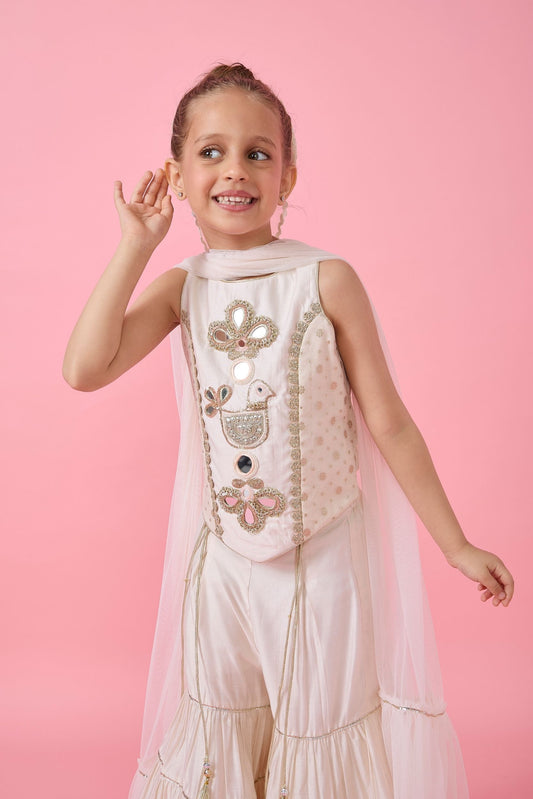 Ivory Long Embroidered Girls Top & Flared pant Set (Set Of Three)