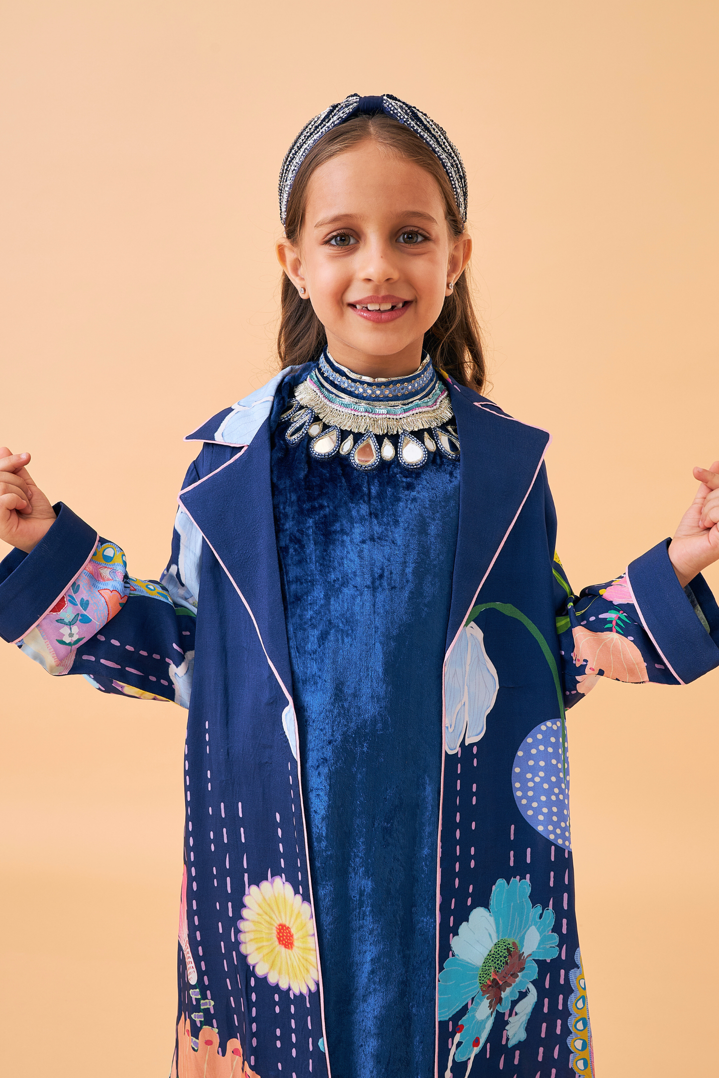 Sparrow Navy Girls Coat with Velvet Long Dress ( set of 2 pcs)