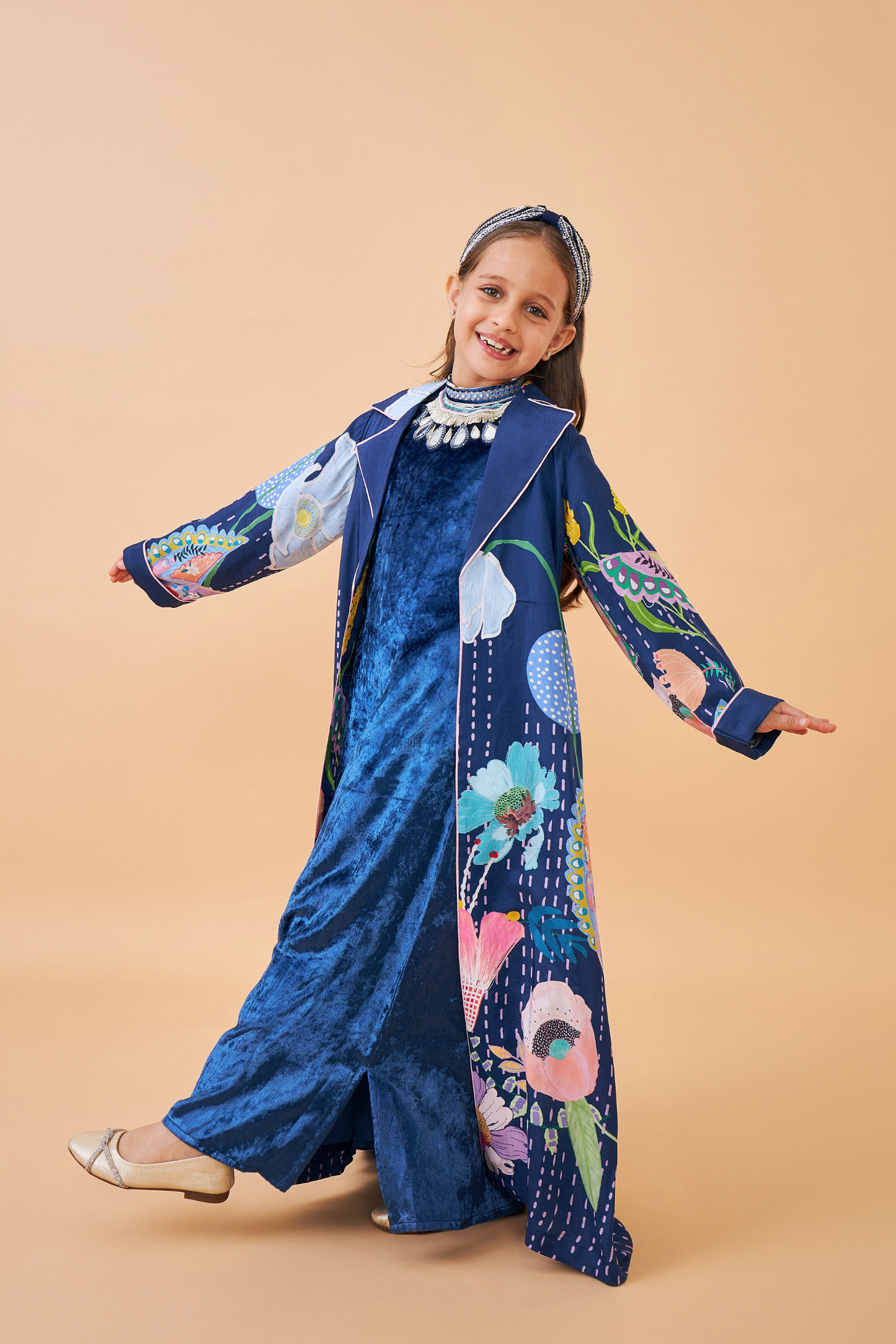 Sparrow Navy Coat with Velvet Long Dress - Mom & Me