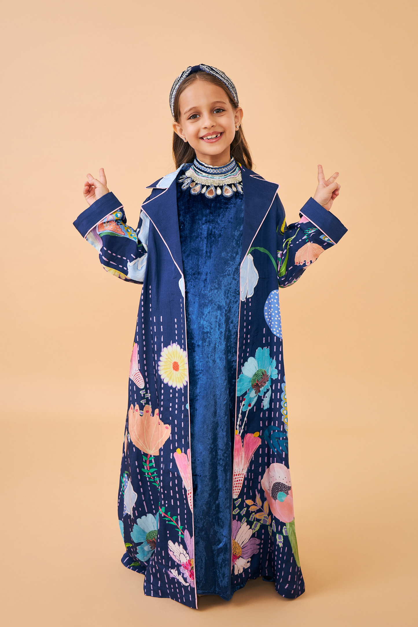 Sparrow Navy Coat with Velvet Long Dress - Mom & Me