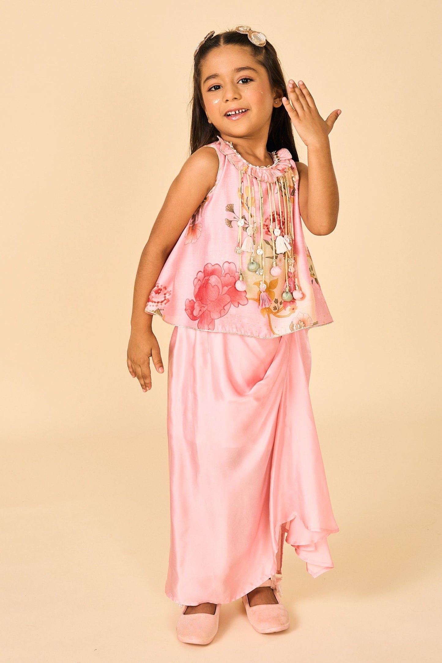 Rose Jaipur Girls Embellished Fringe Top & drape skirt Coord ( 2 Pc Set)