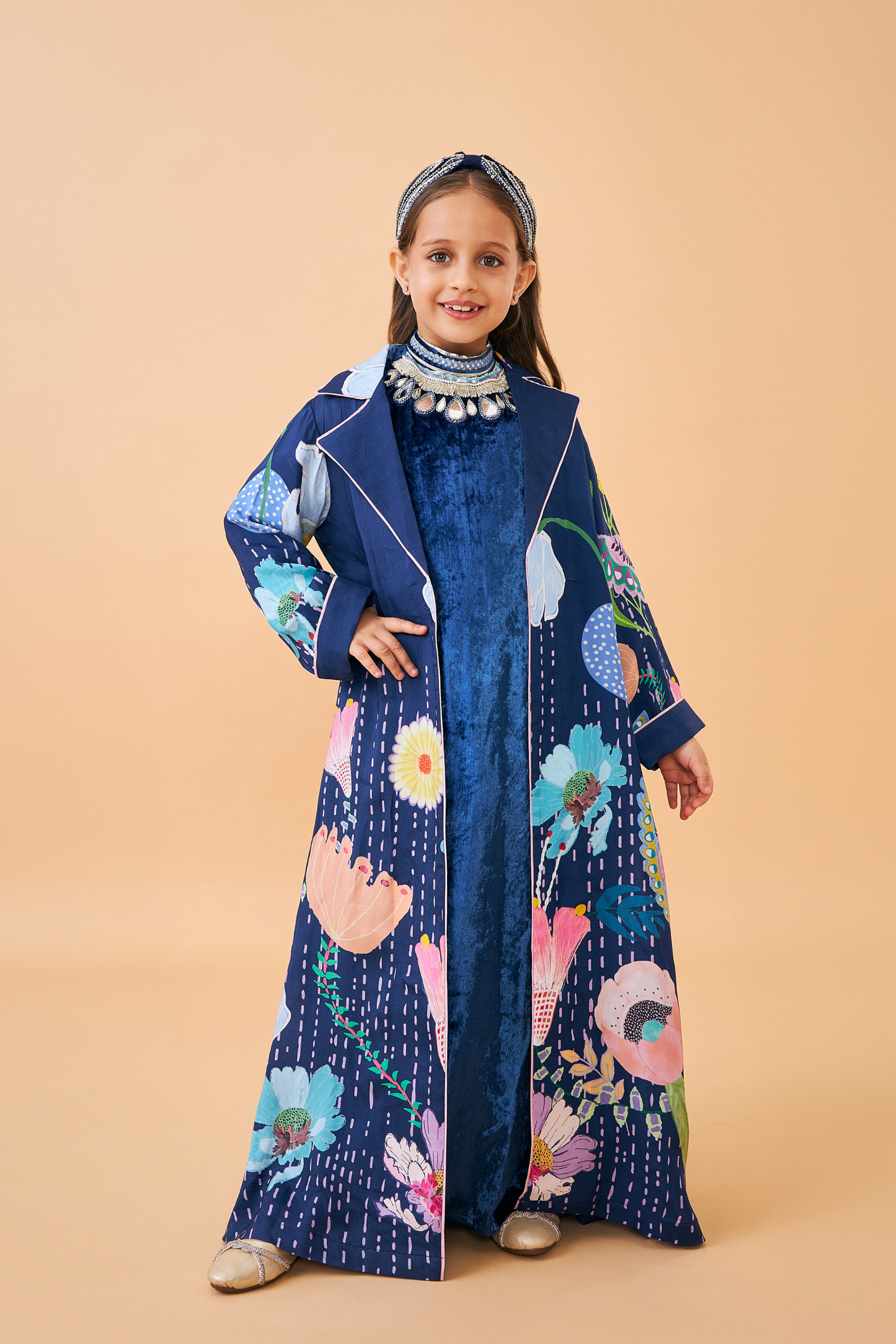 Sparrow Navy Coat with Velvet Long Dress - Mom & Me