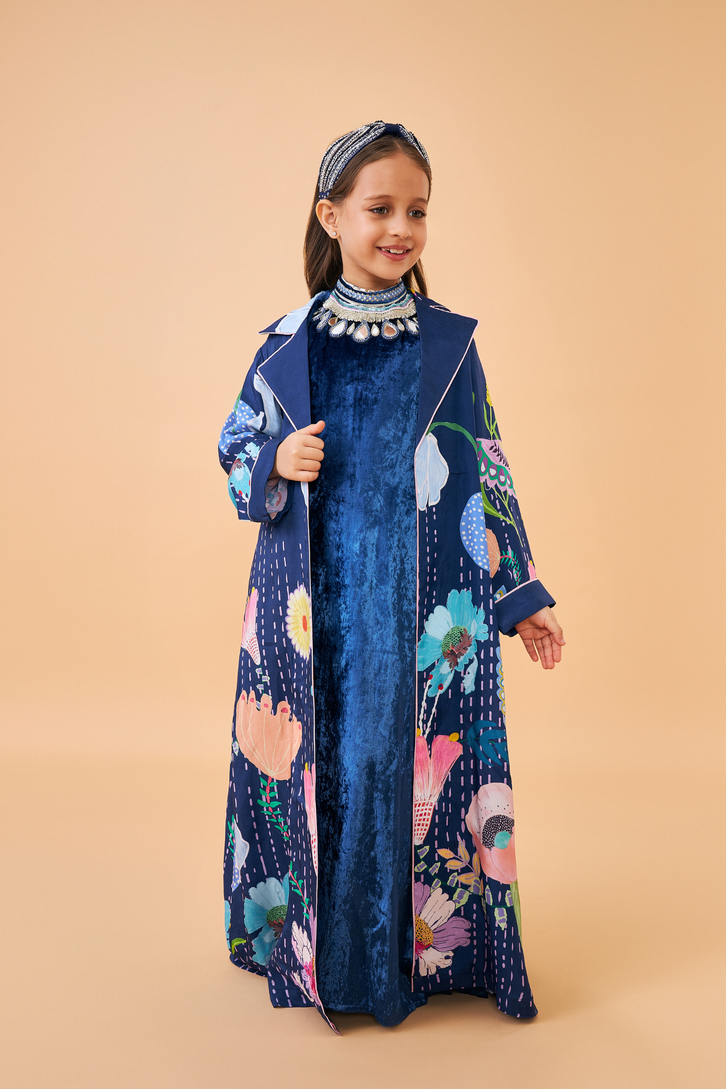 Sparrow Navy Girls Coat with Velvet Long Dress ( set of 2 pcs)