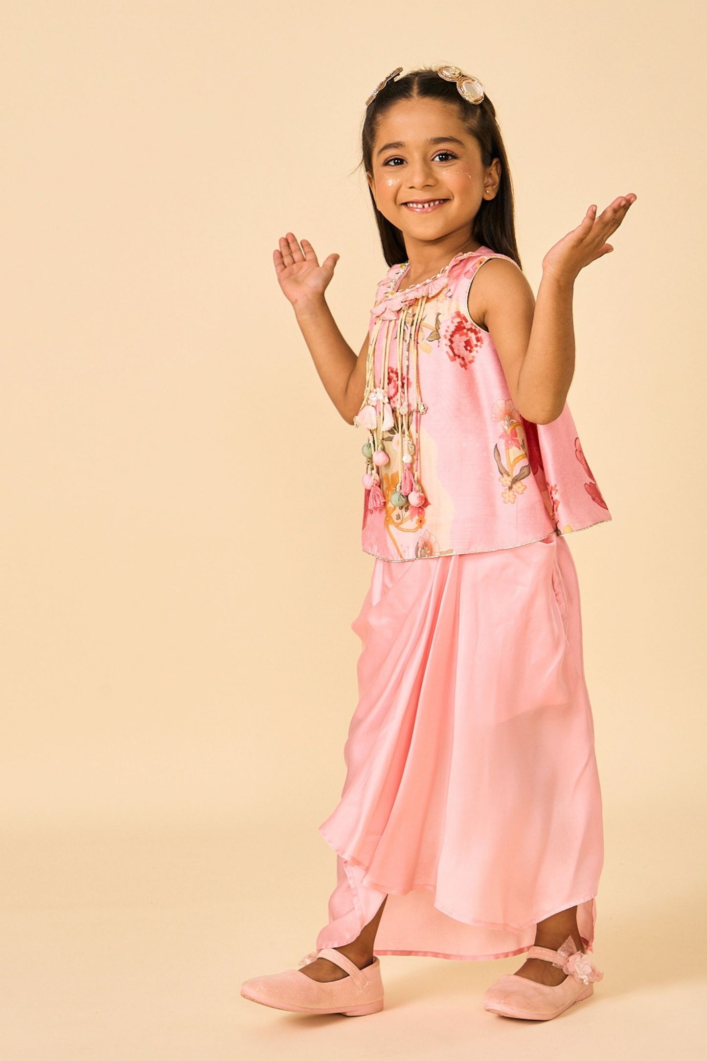 Rose Jaipur Girls Embellished Fringe Top & drape skirt Coord ( 2 Pc Set)