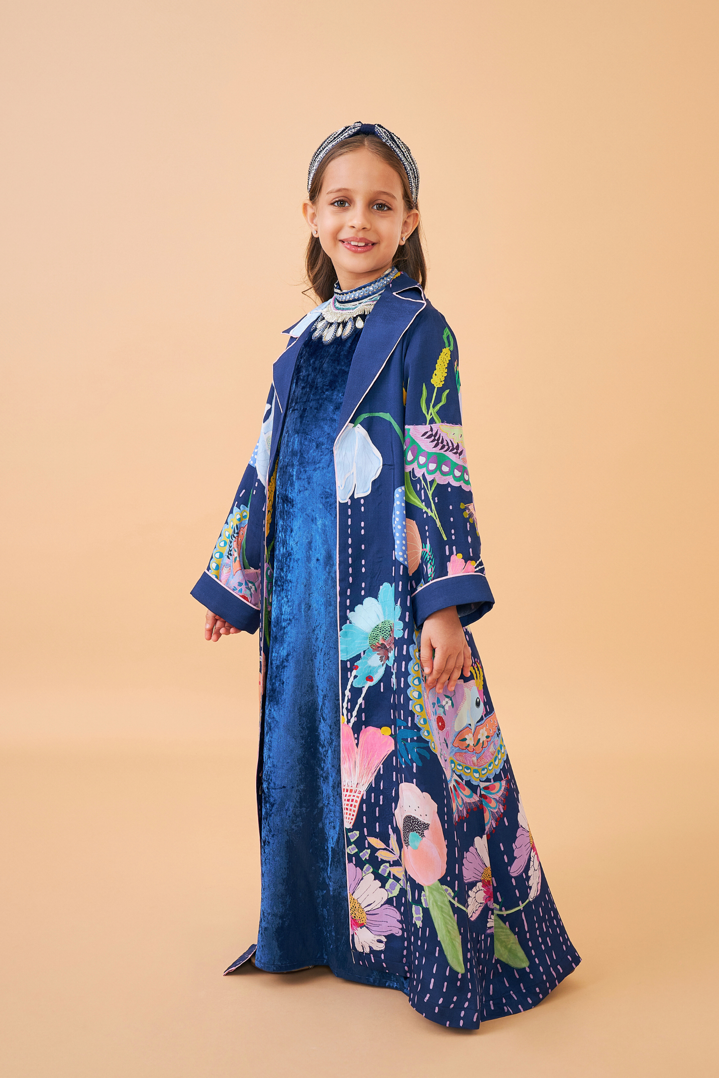 Sparrow Navy Girls Coat with Velvet Long Dress ( set of 2 pcs)