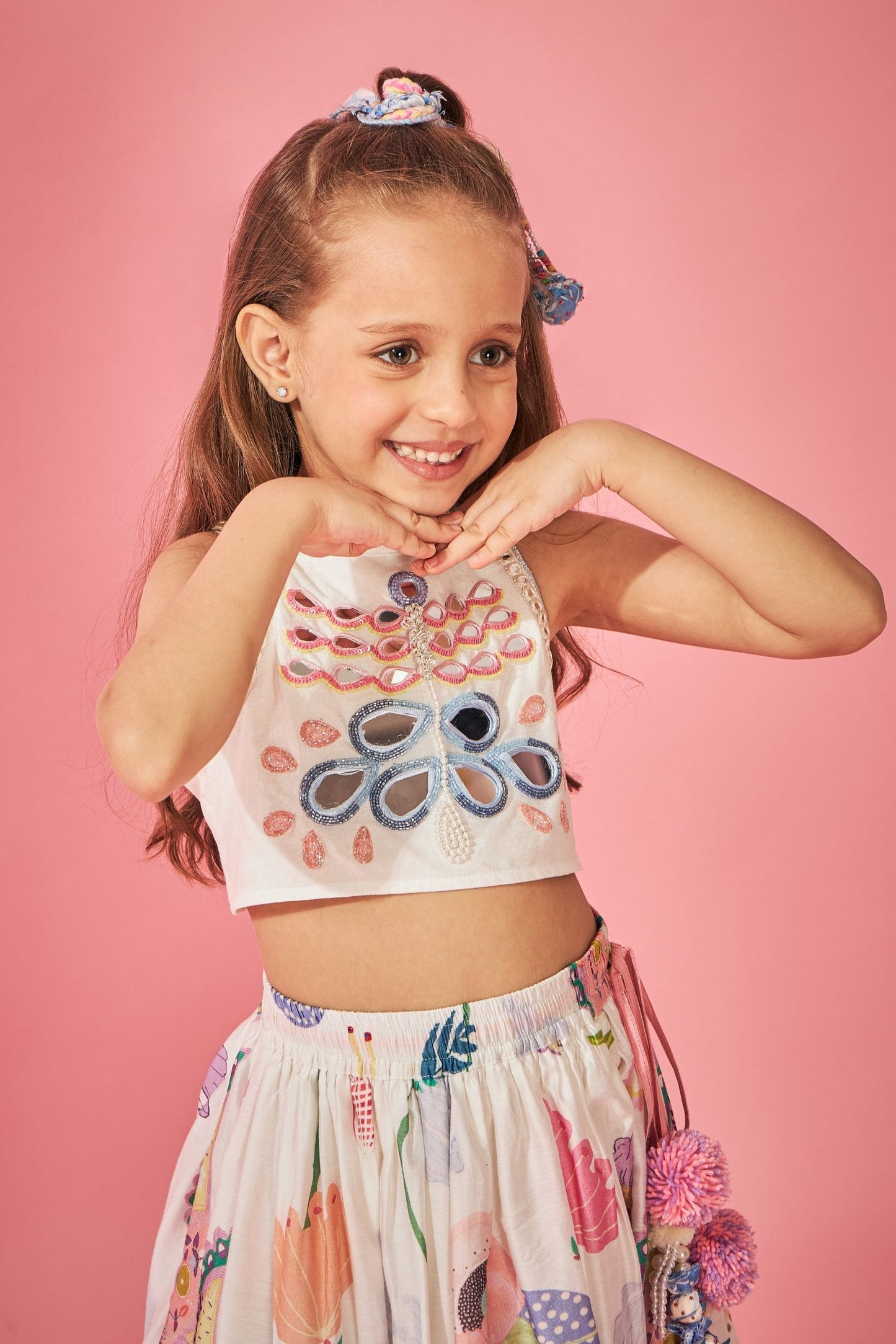 White Bloom Girls Skirt With Embellished Crop Top - Boy & Girl