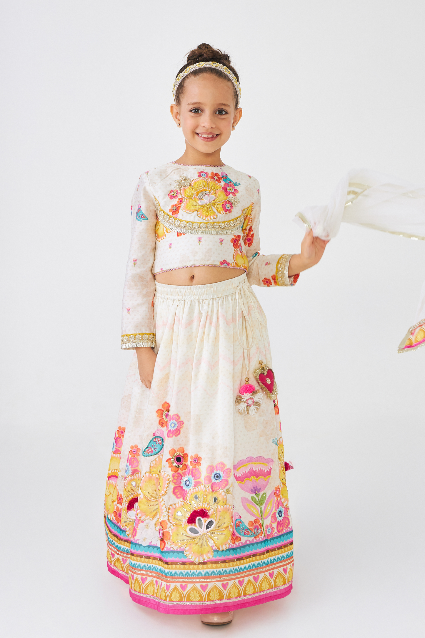 Freya Mustard Girls Embellished Top & Lehenga (Set of 3 Pcs)