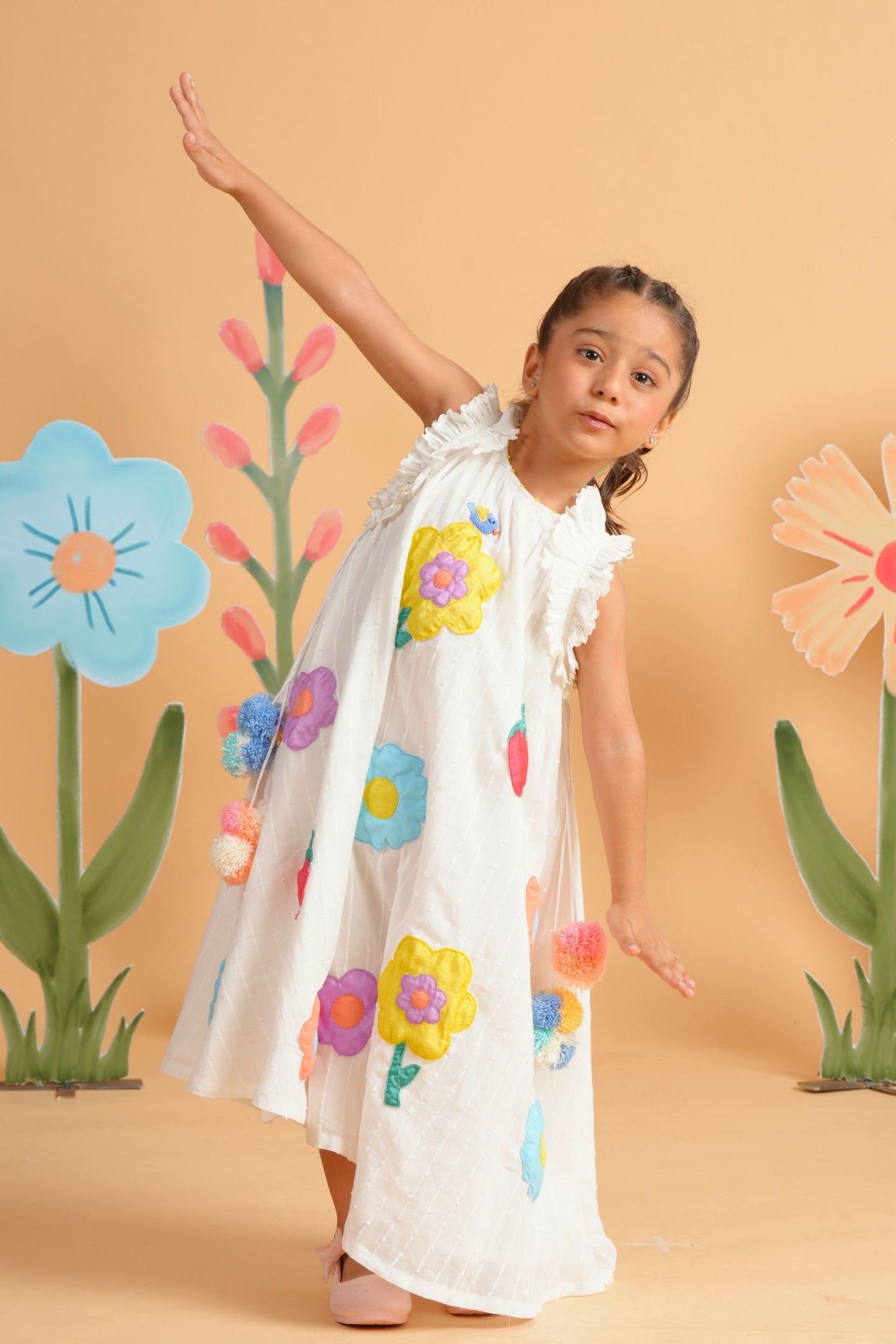 Kiki White Girls Embroidered Flared Dress
