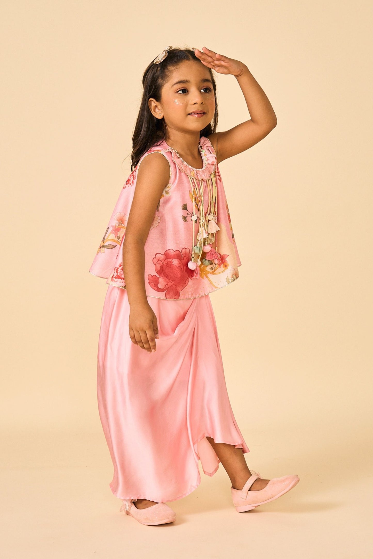 Rose Jaipur Girls Embellished Fringe Top & drape skirt Coord ( 2 Pc Set)