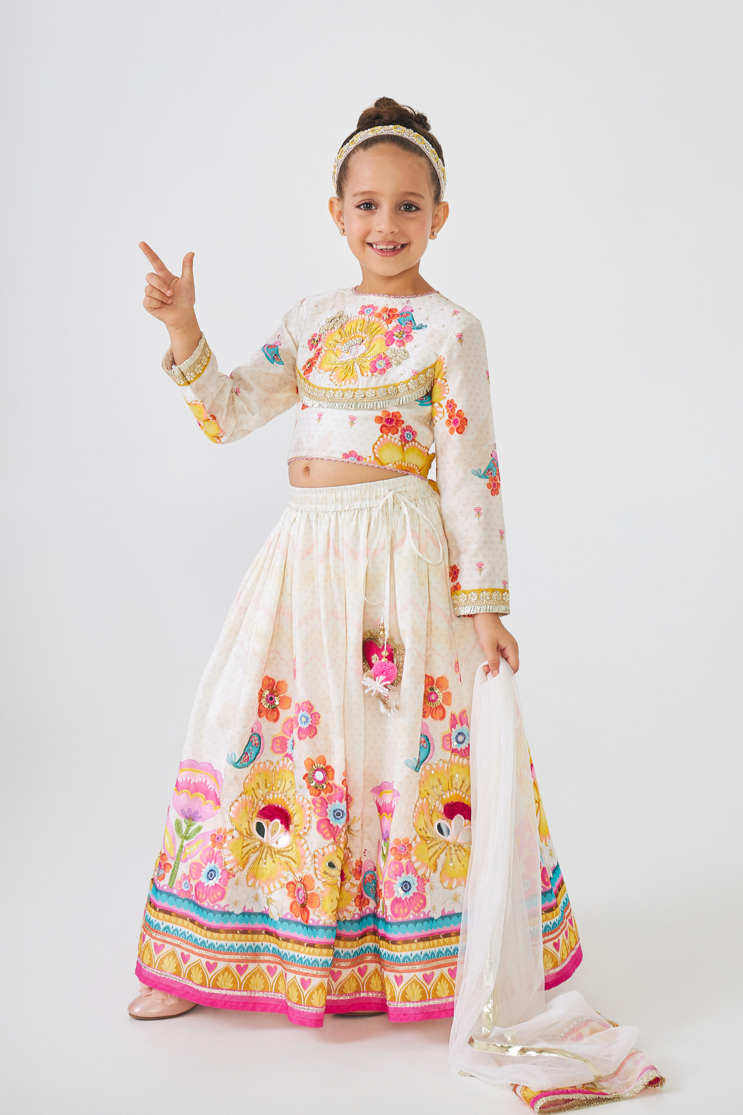 Freya Mustard Girls Embellished Top & Lehenga (Set of 3 Pcs)