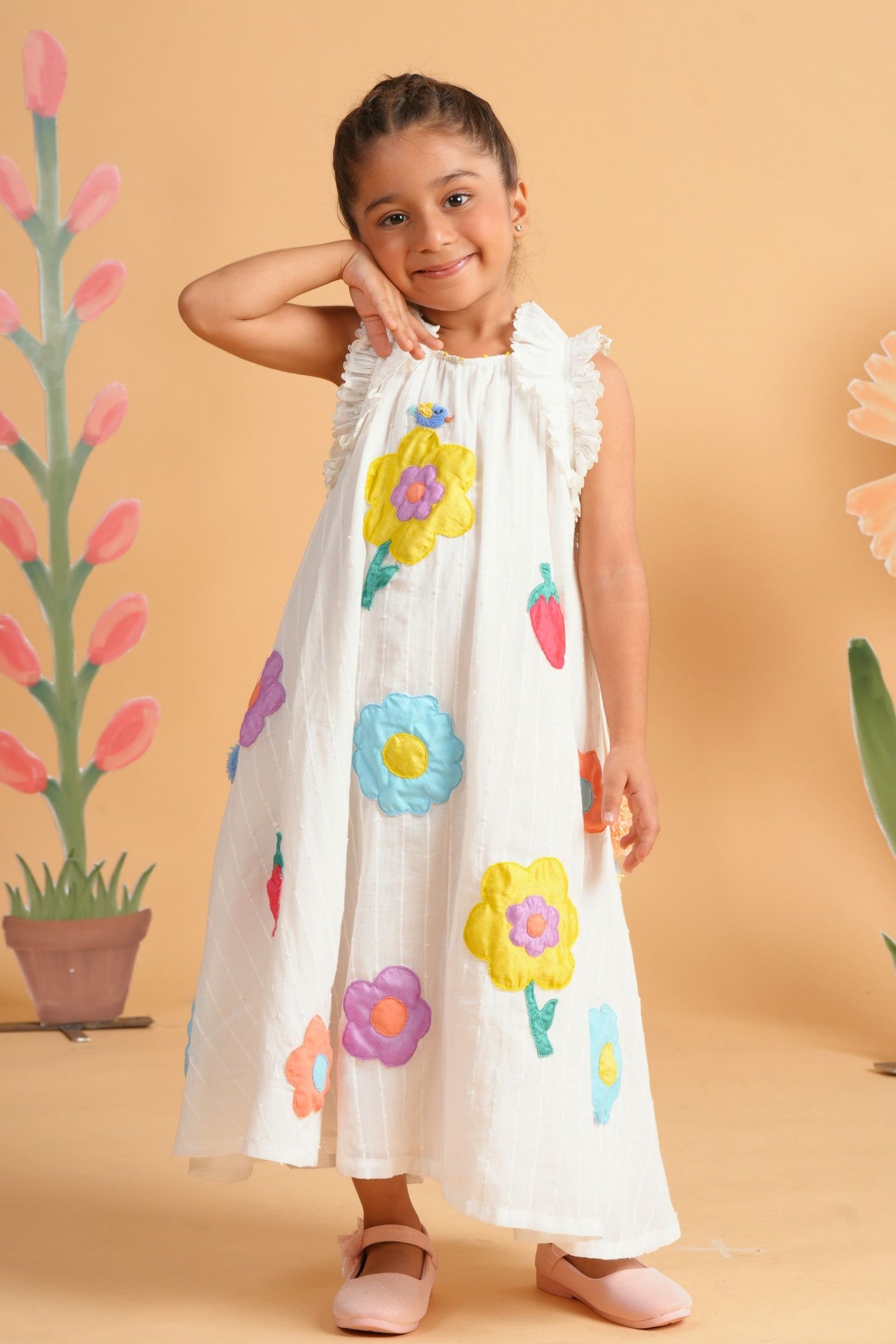Kiki White Girls Embroidered Flared Dress
