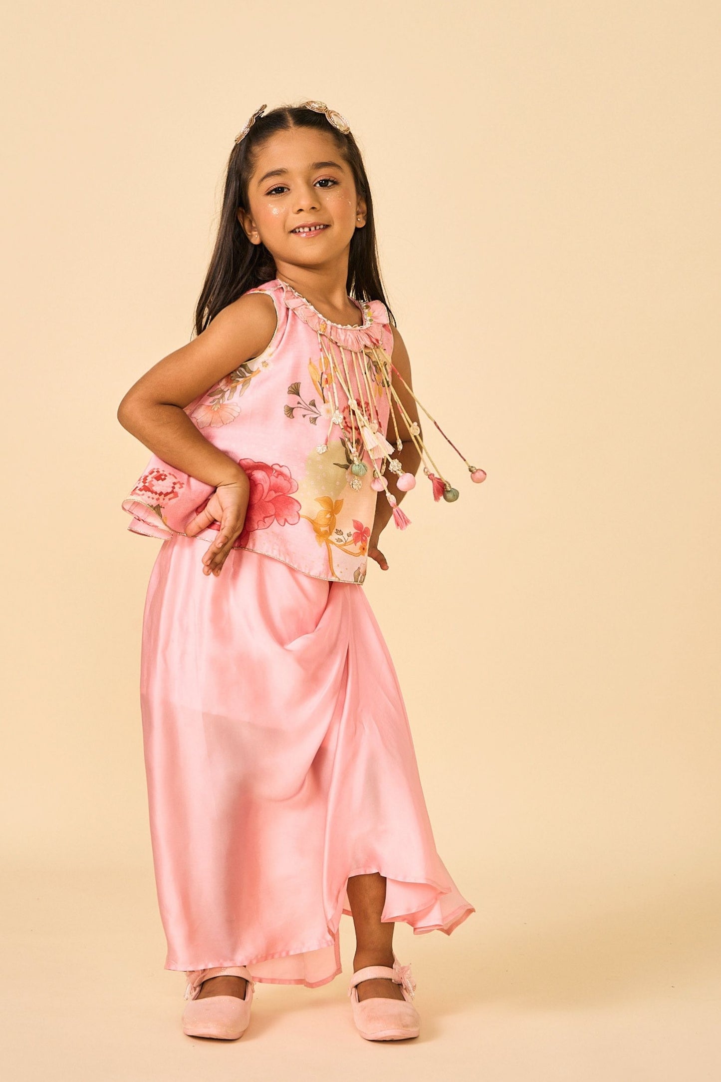 Rose Jaipur Girls Embellished Fringe Top & drape skirt Coord ( 2 Pc Set)