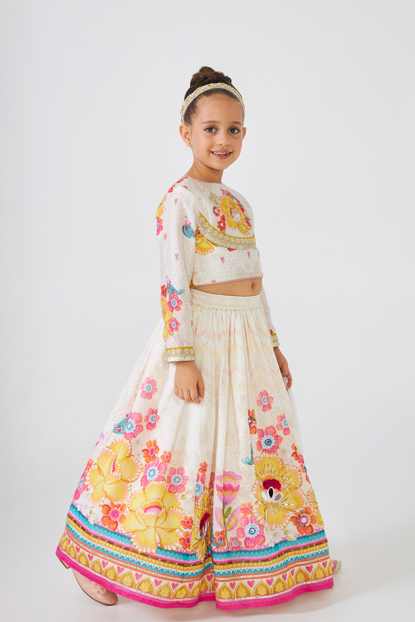 Freya Mustard Girls Embellished Top & Lehenga (Set of 3 Pcs)