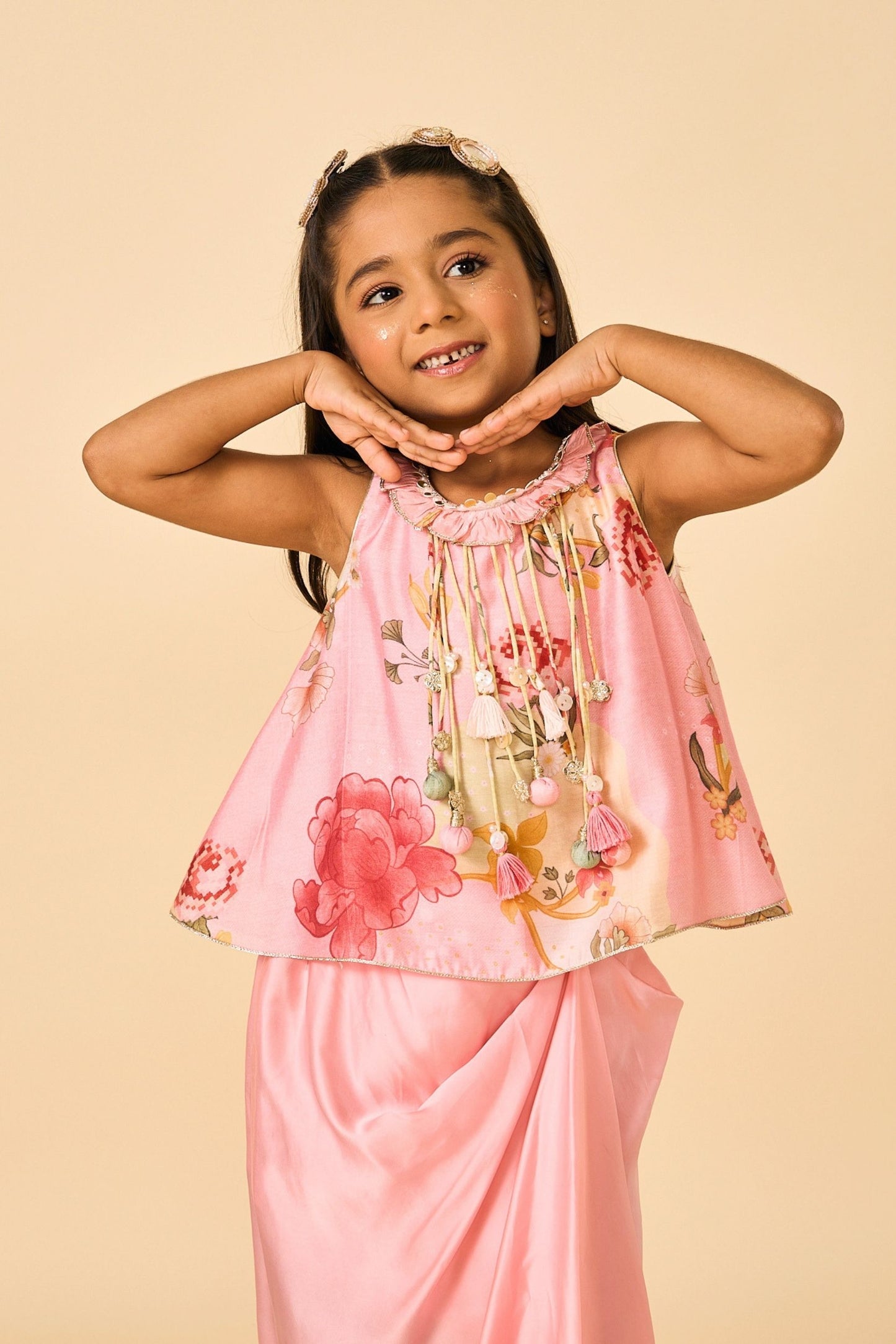 Rose Jaipur Girls Embellished Fringe Top & drape skirt Coord ( 2 Pc Set)