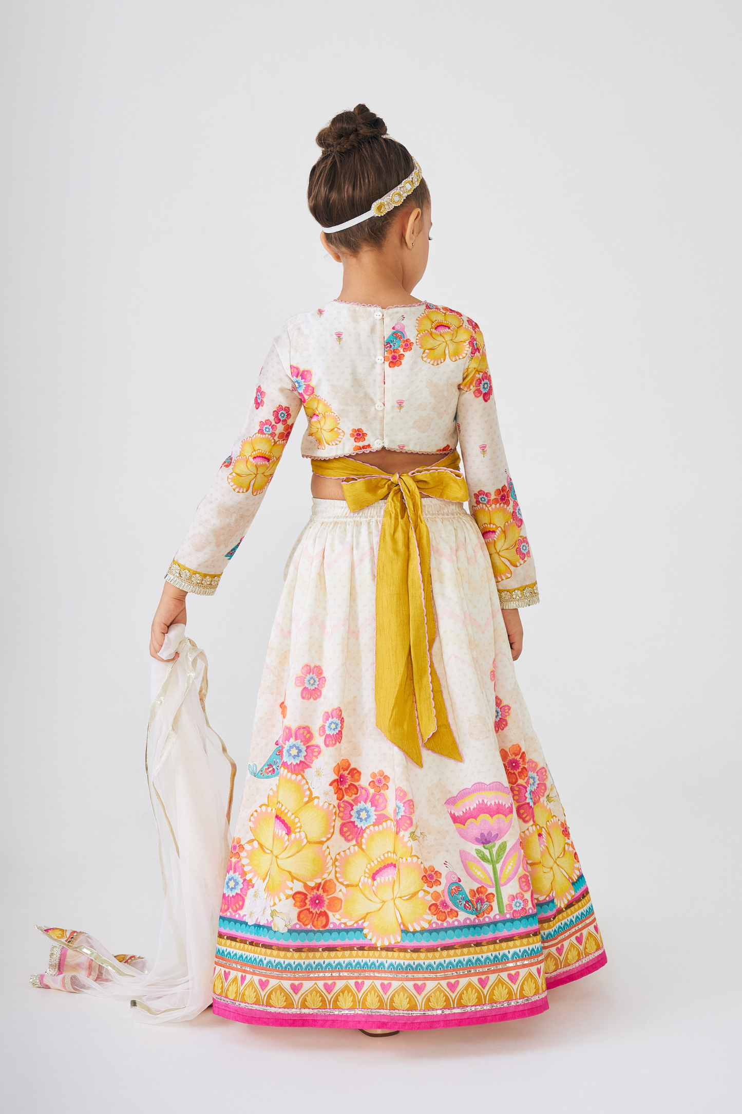 Freya Mustard Girls Embellished Top & Lehenga (Set of 3 Pcs)