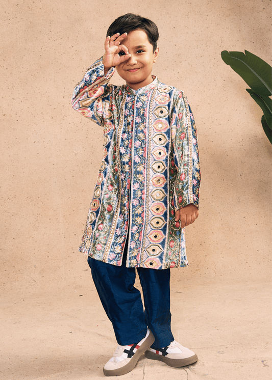 Dalia Navy Boys Embellished Sherwani & Pant Co-ord (Set of 2 pcs)