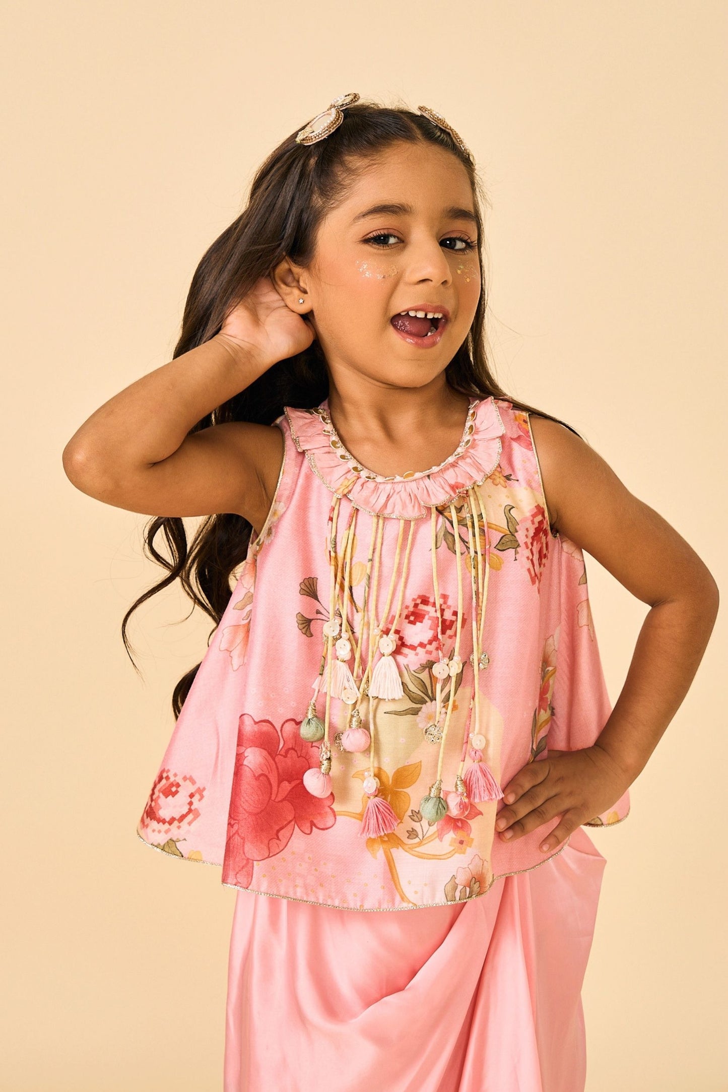 Rose Jaipur Girls Embellished Fringe Top & drape skirt Coord ( 2 Pc Set)