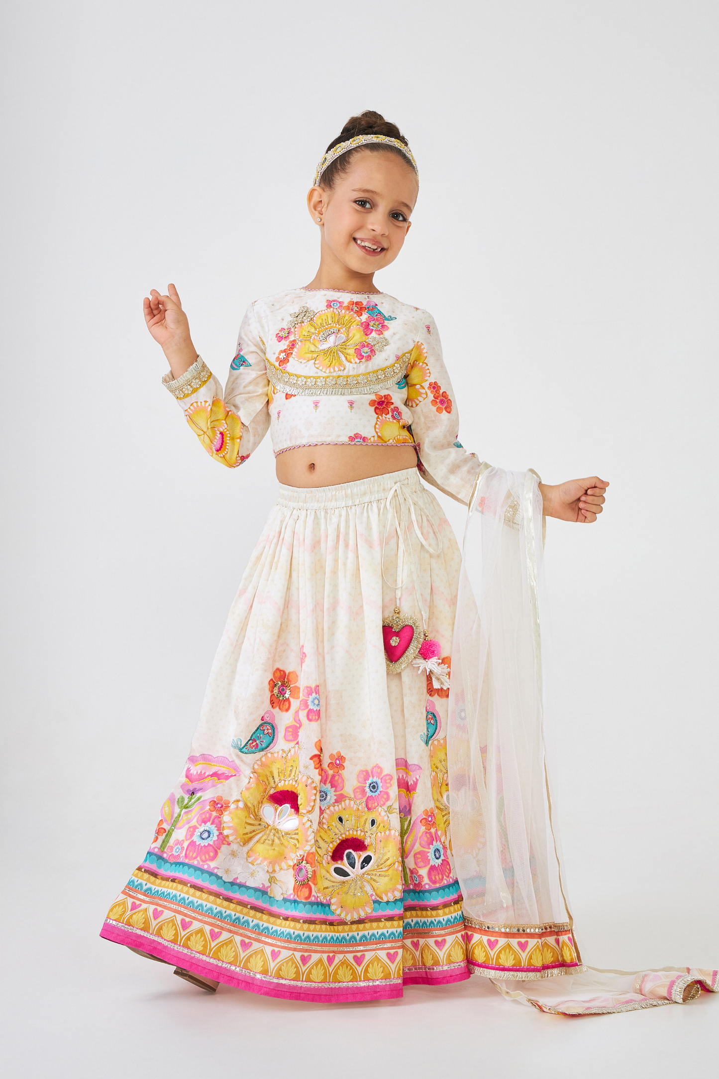 Freya Mustard Girls Embellished Top & Lehenga (Set of 3 Pcs)