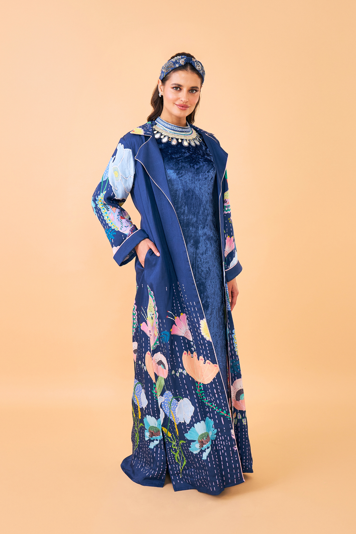 Sparrow Navy Ladies Coat with Velvet Long Dress ( set of 2 pcs)