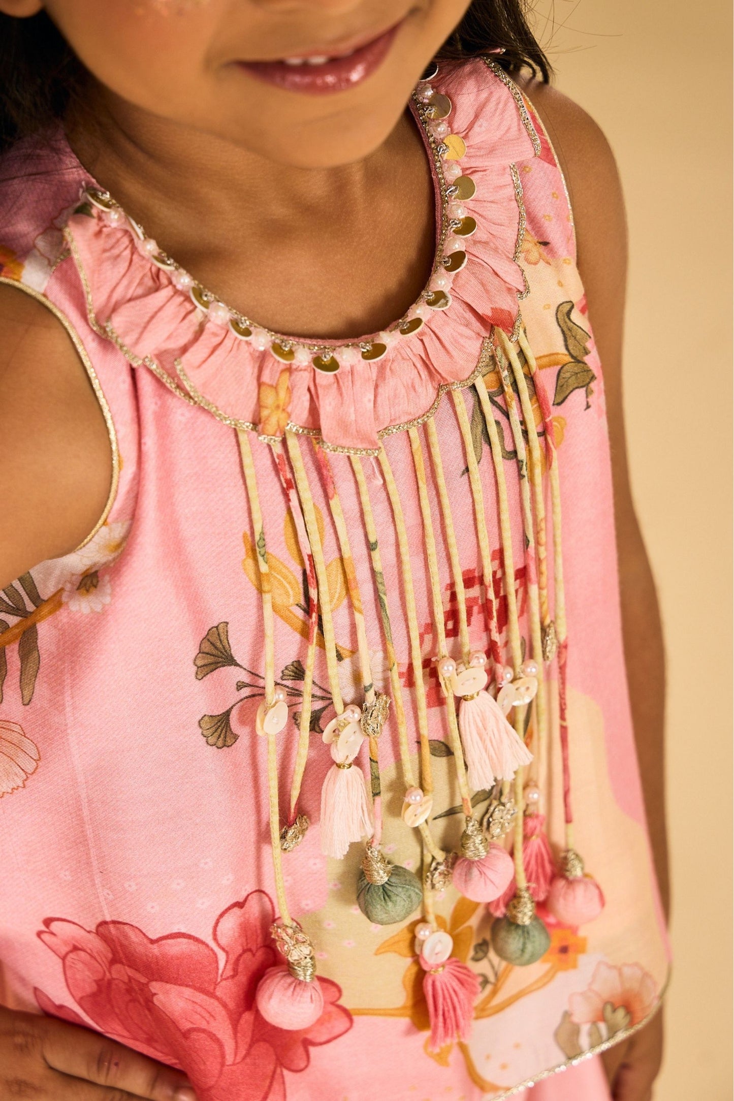 Rose Jaipur Girls Embellished Fringe Top & drape skirt Coord ( 2 Pc Set)