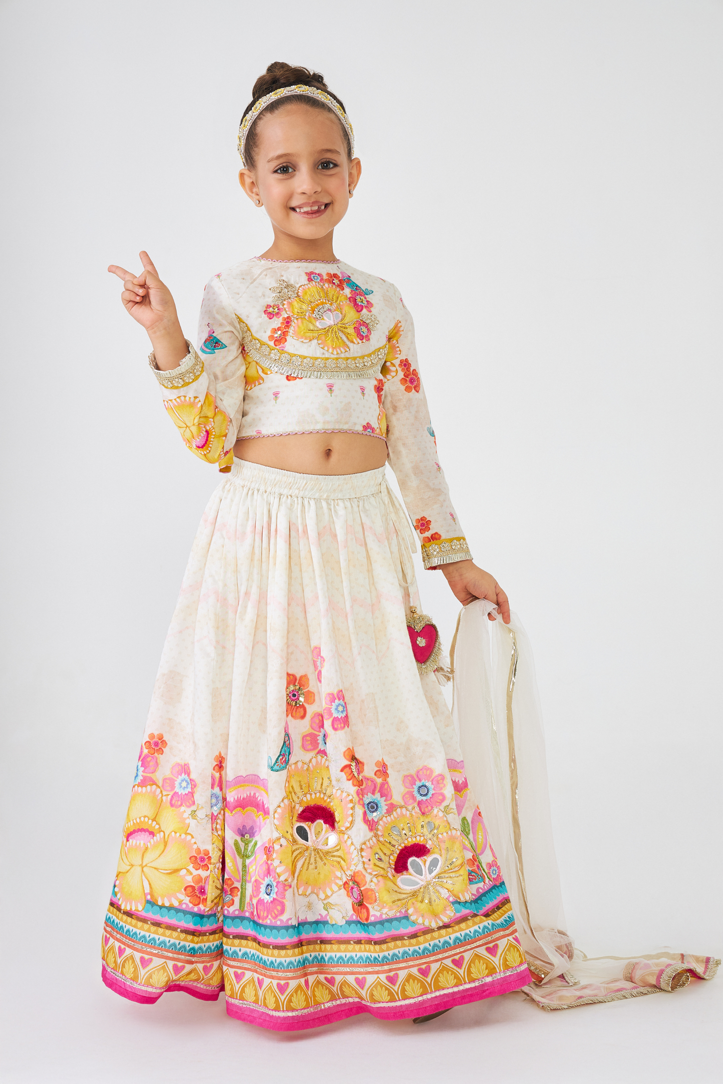 Freya Mustard Girls Embellished Top & Lehenga (Set of 3 Pcs)