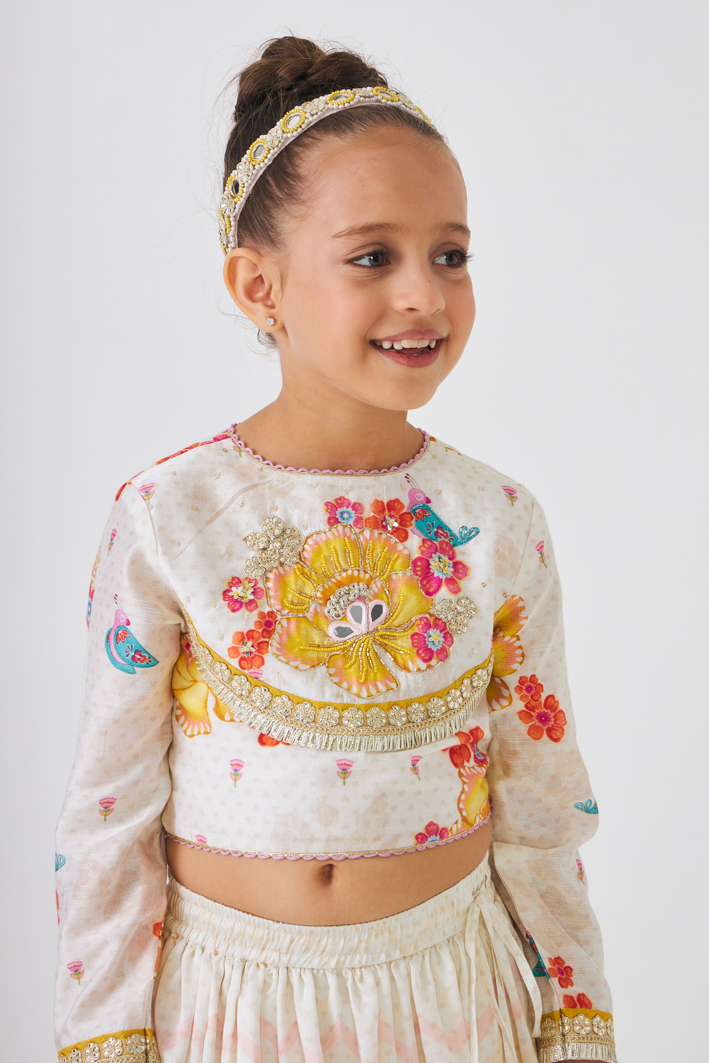 Freya Mustard Girls Embellished Top & Lehenga (Set of 3 Pcs)