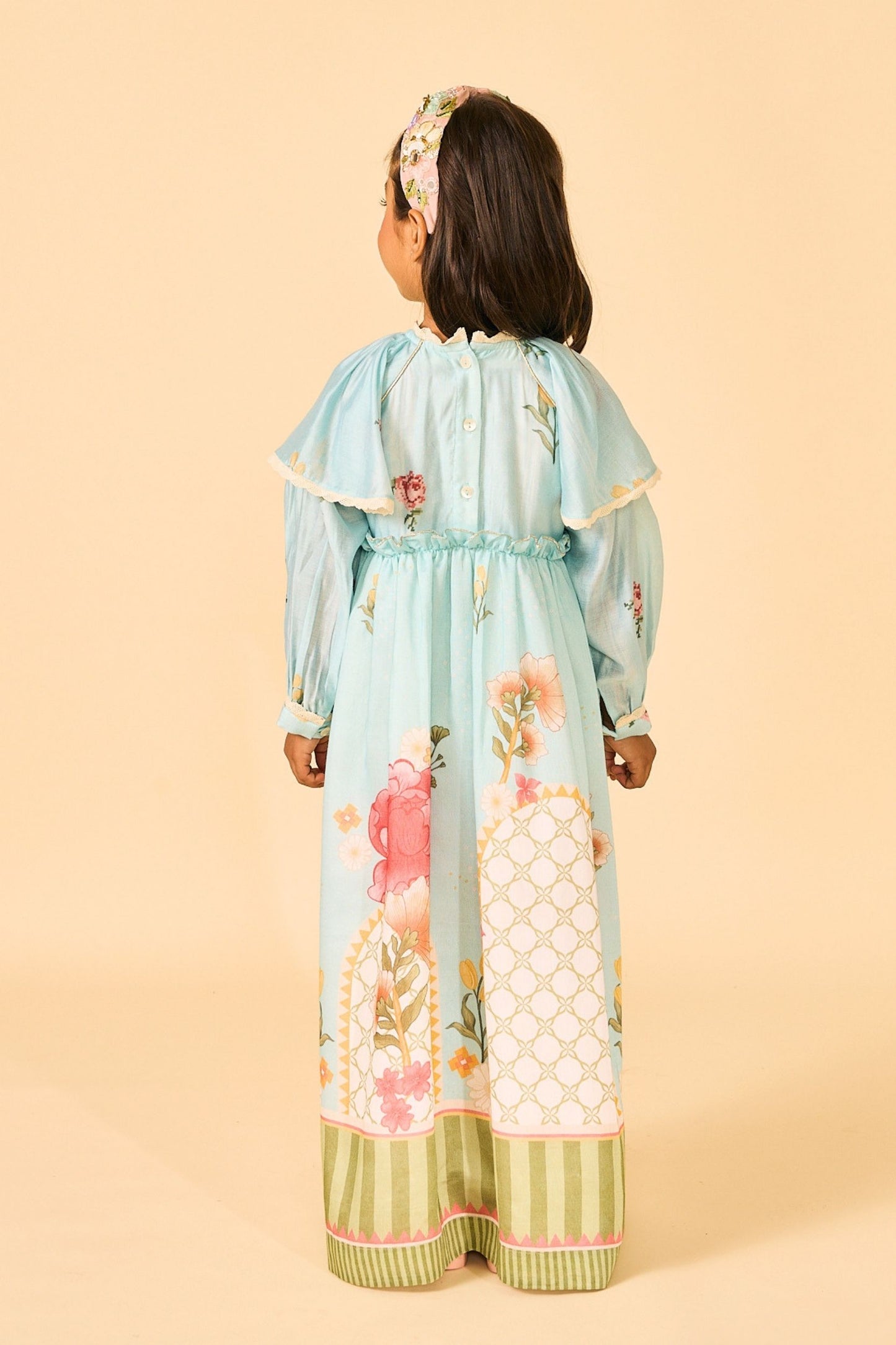 Blue Clay Embellished Girls Long Dress