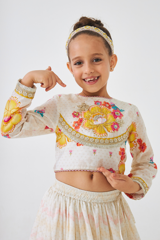 Freya Mustard Girls Embellished Top & Lehenga (Set of 3 Pcs)
